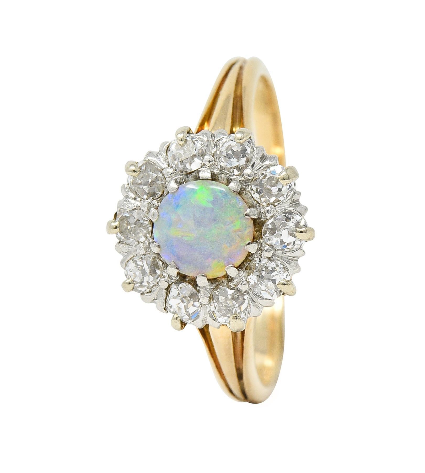 Edwardian Opal Diamond Platinum 14 Karat Yellow Gold Antique Halo Ring For Sale 5