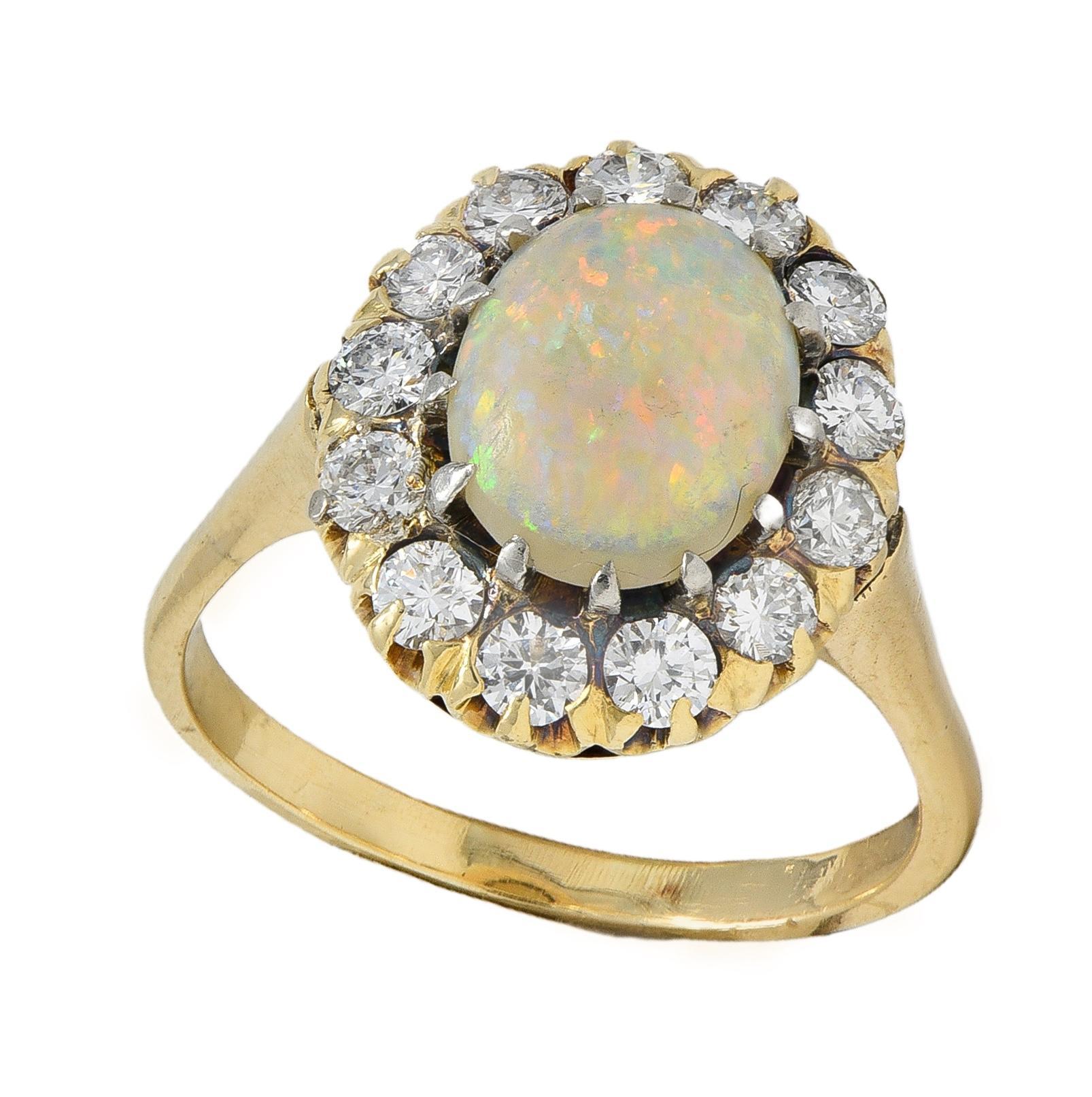 Antiker edwardianischer Opal-Diamant-Platin 14 Karat Gelbgold-Halo-Ring Damen im Angebot
