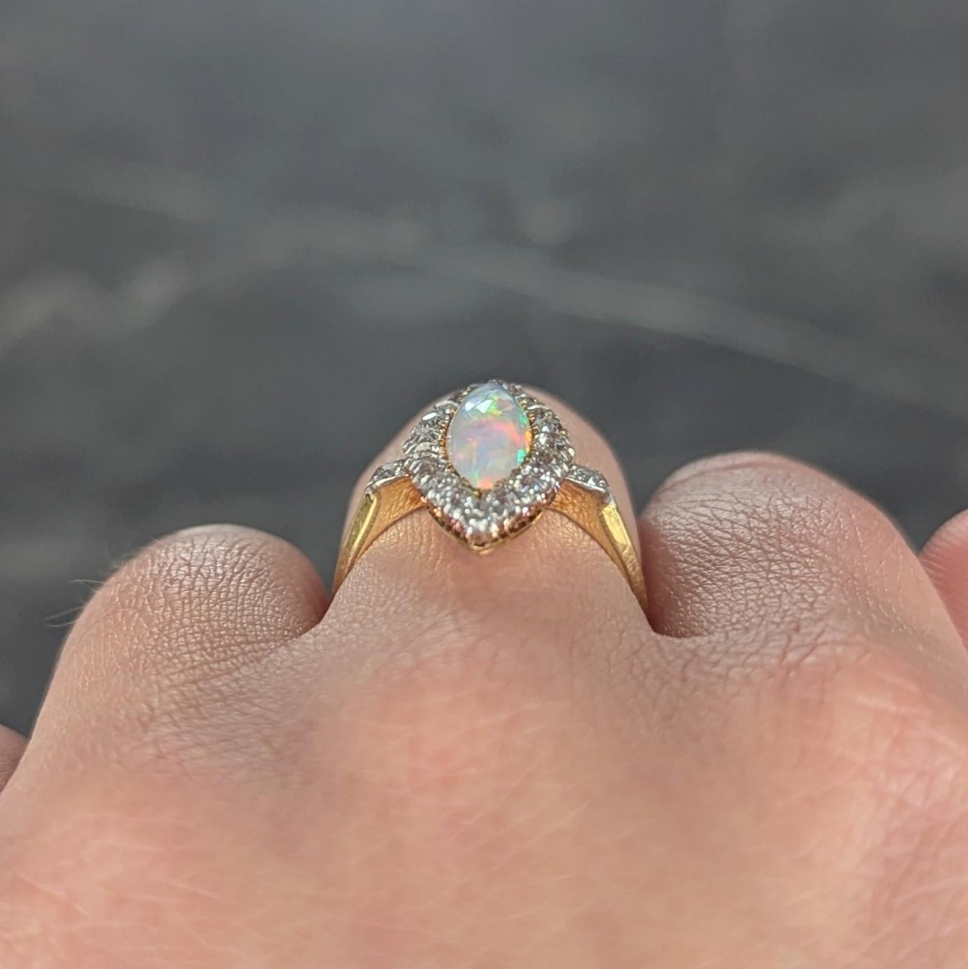 Edwardian Opal Diamond Platinum 18 Karat Yellow Gold Antique Navette Ring For Sale 5