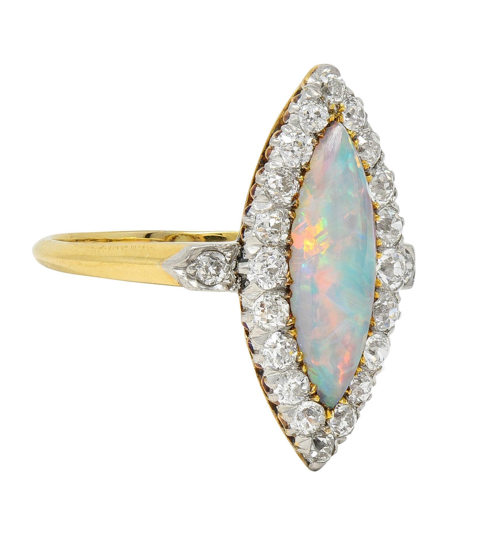 Oval Cut Edwardian Opal Diamond Platinum 18 Karat Yellow Gold Antique Navette Ring For Sale