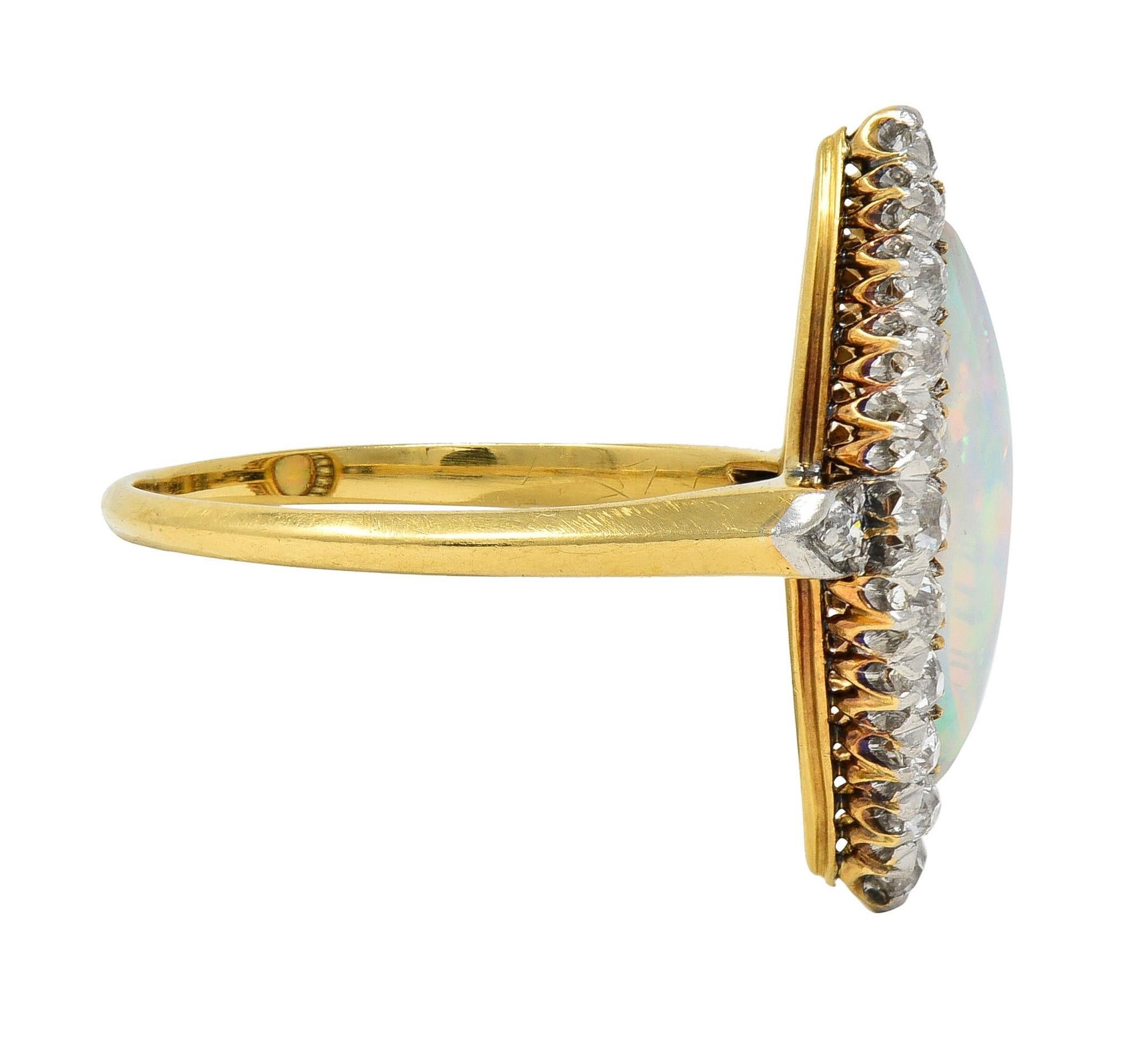 Edwardian Opal Diamond Platinum 18 Karat Yellow Gold Antique Navette Ring In Excellent Condition For Sale In Philadelphia, PA