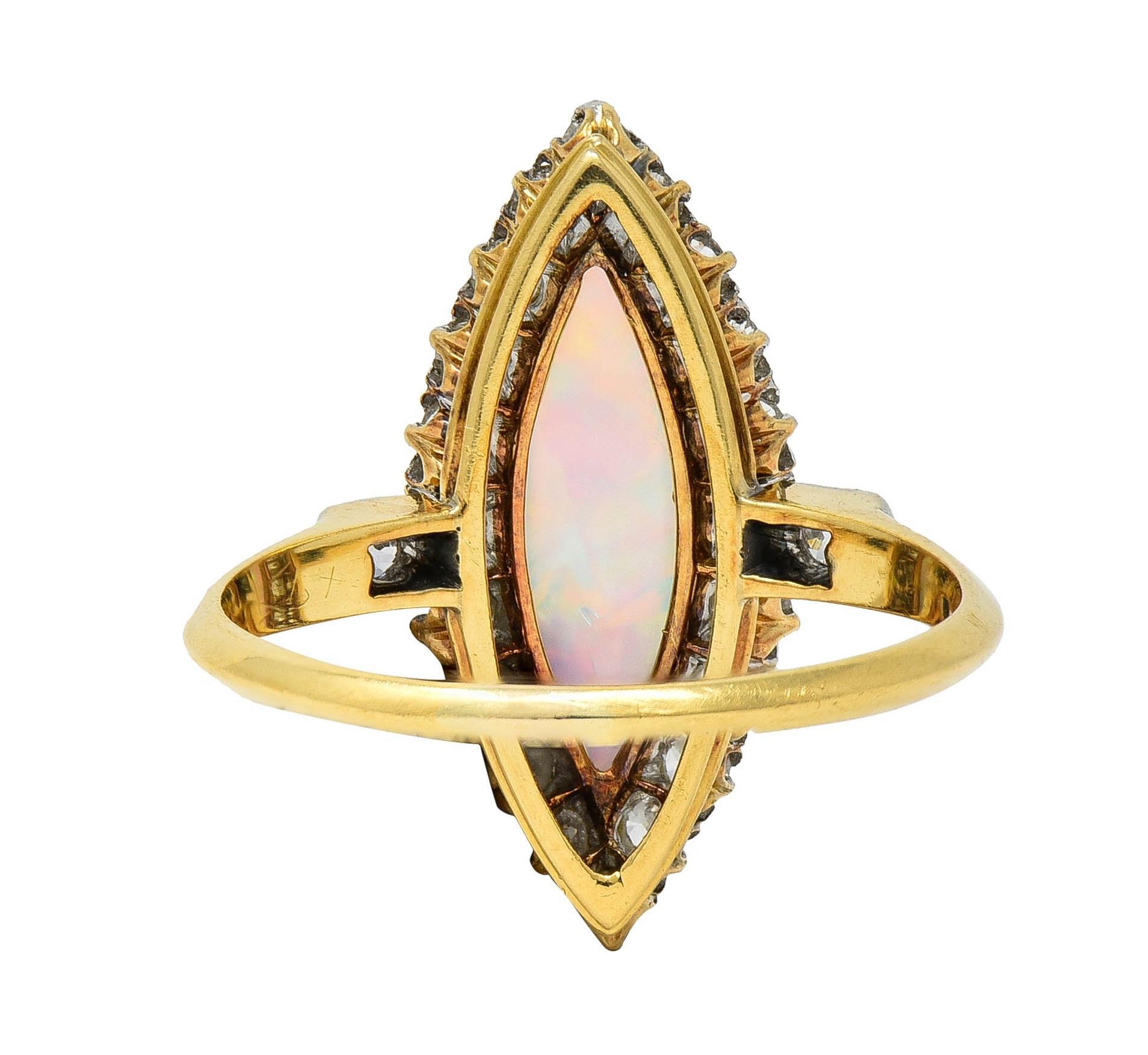 Women's or Men's Edwardian Opal Diamond Platinum 18 Karat Yellow Gold Antique Navette Ring For Sale
