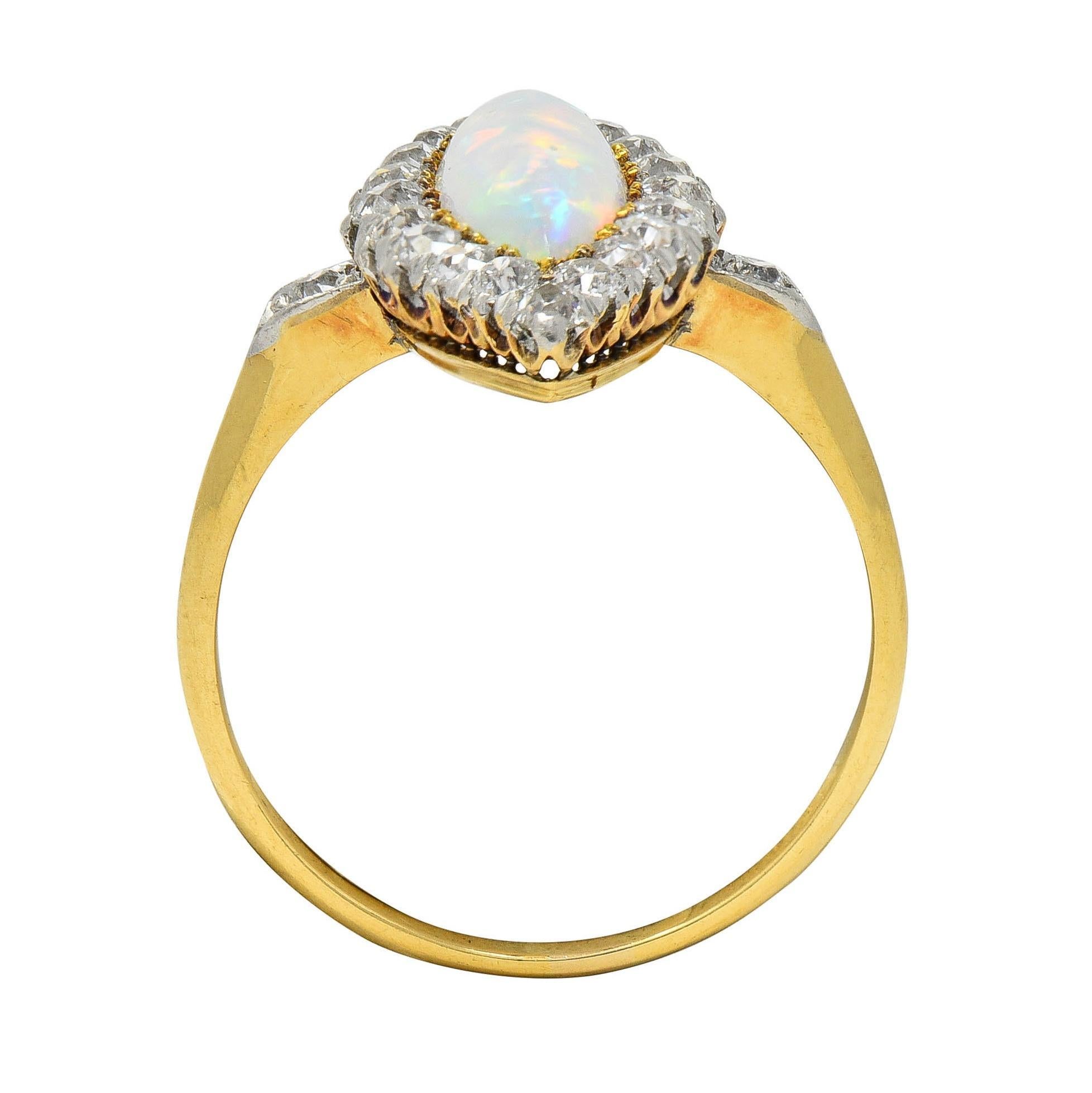 Edwardian Opal Diamond Platinum 18 Karat Yellow Gold Antique Navette Ring For Sale 3