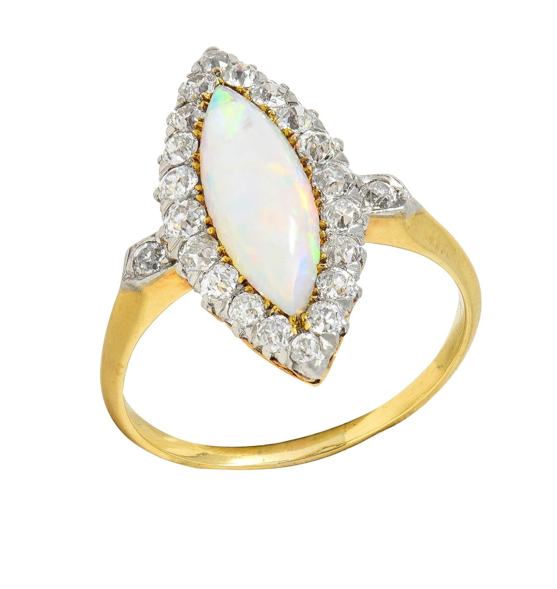 Edwardian Opal Diamond Platinum 18 Karat Yellow Gold Antique Navette Ring For Sale 4