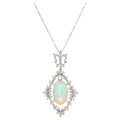 Edwardian Opal Diamond Platinum 18K Gold Garland Antique Pendant Necklace