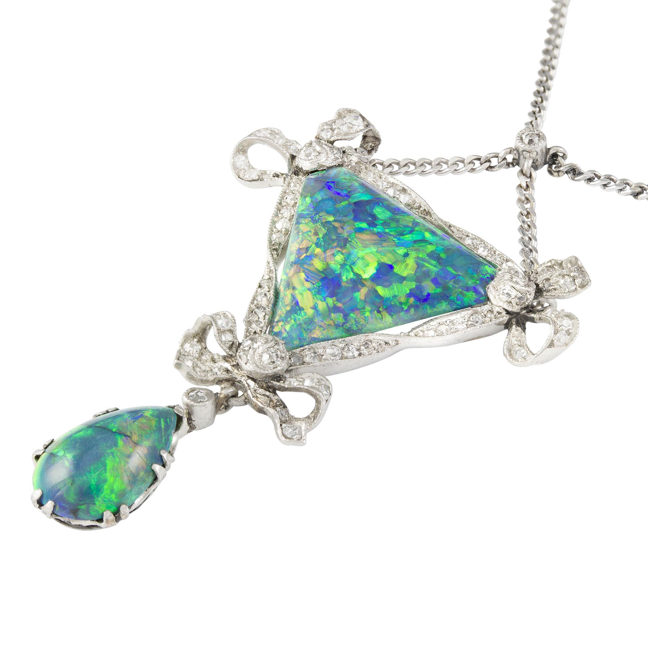 Women's Edwardian Opal Diamond Platinum Drop Pendant Necklace For Sale