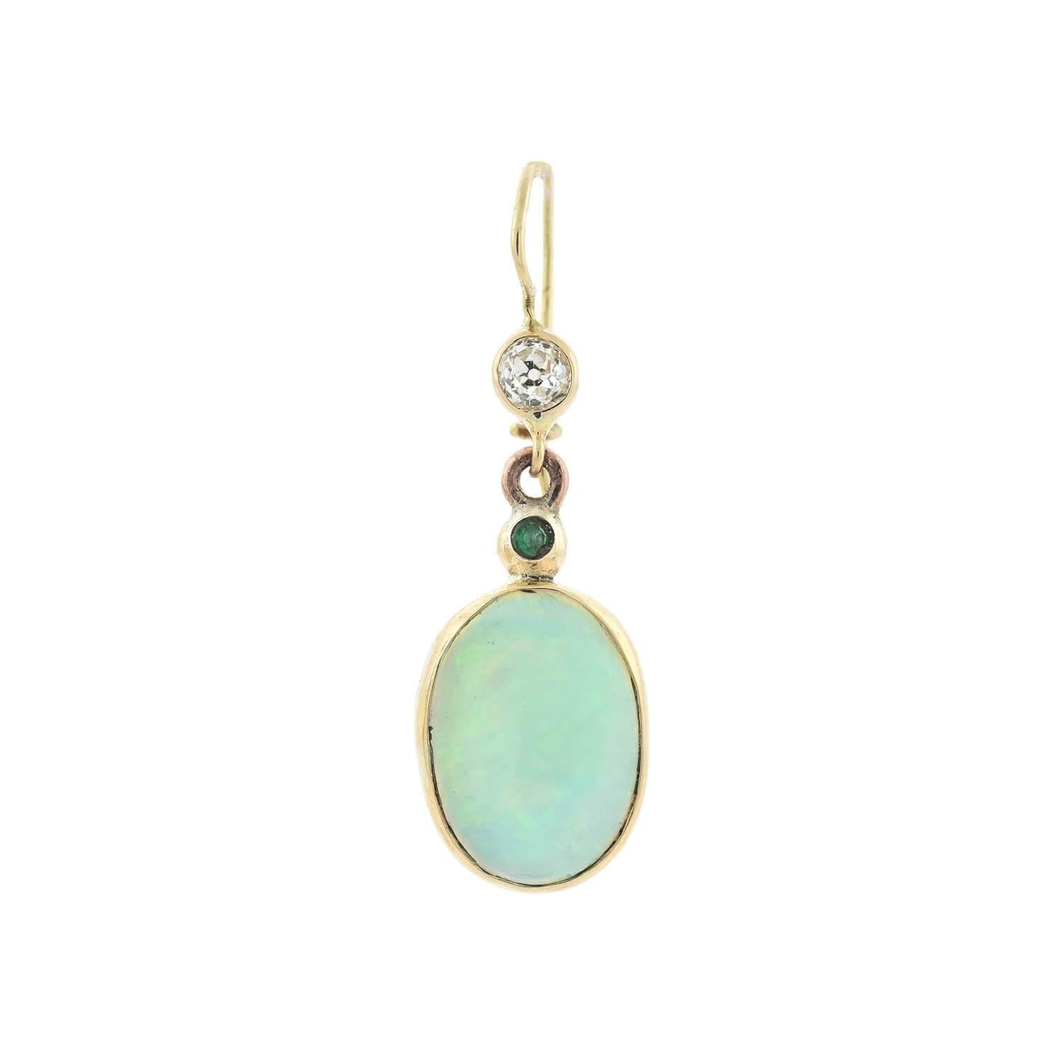 Cabochon Edwardian Opal, Emerald, and Diamond Dangle Earrings