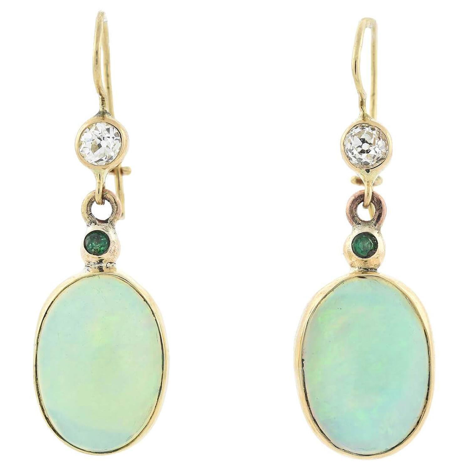 Edwardian Opal, Emerald, and Diamond Dangle Earrings