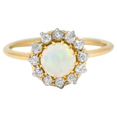 Edwardian Opal Old European Cut Diamond Platinum-Topped 18K Yellow Gold Ring 