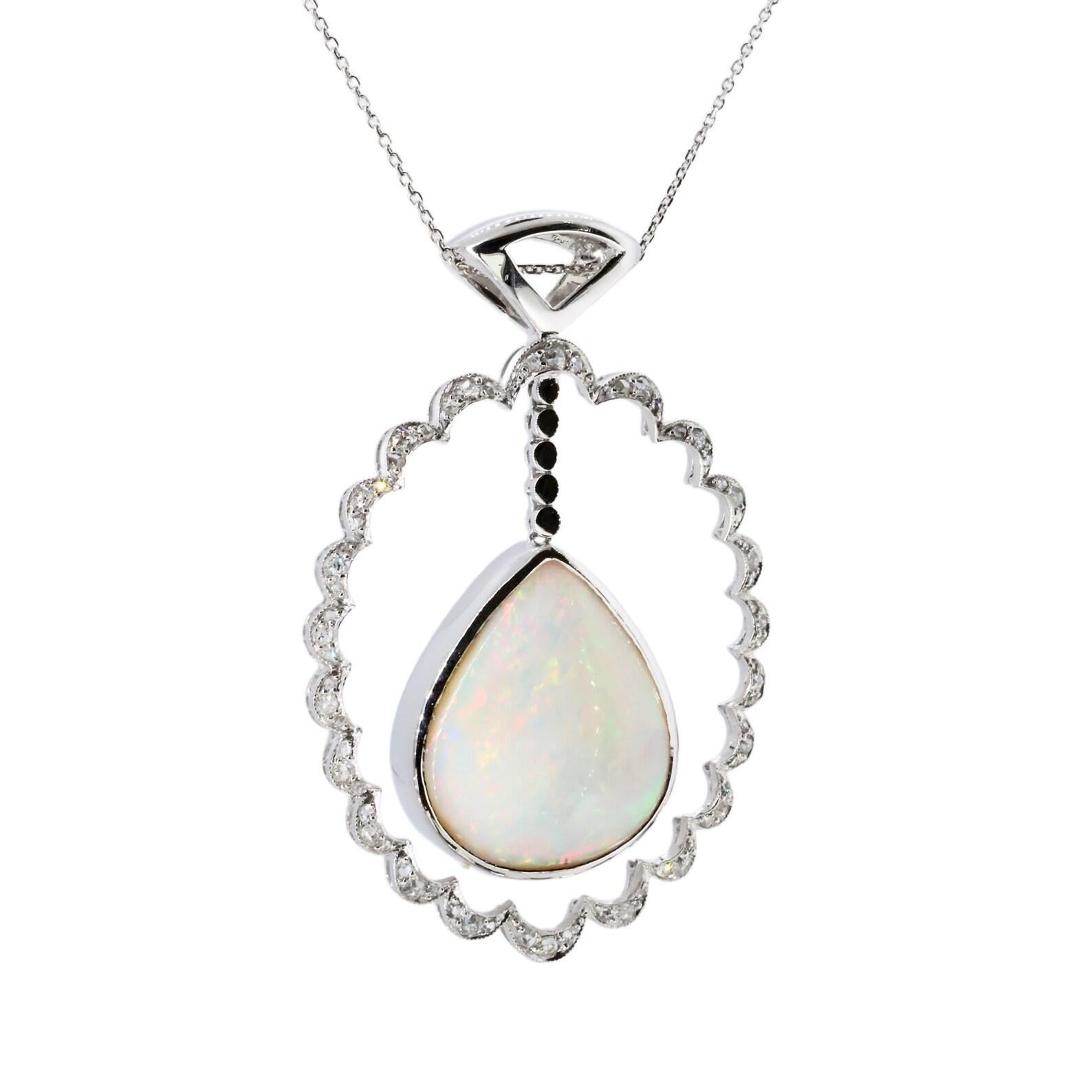 Edwardian Opal & Old Mine Cut Diamond Pendant Necklace in Platinum In Good Condition For Sale In Boston, MA