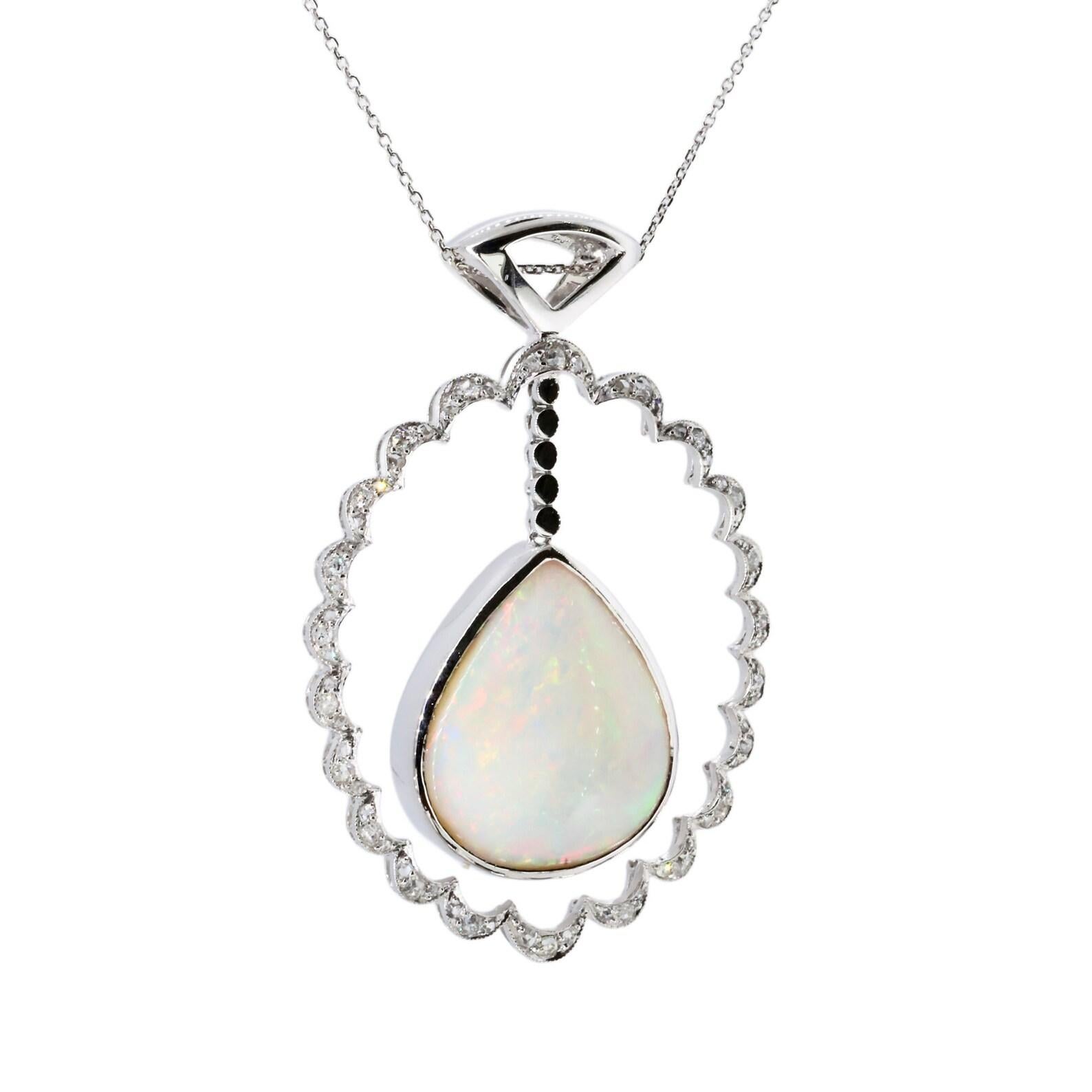 Edwardian Opal & Old Mine Cut Diamond Pendant Necklace in Platinum In Good Condition In Boston, MA