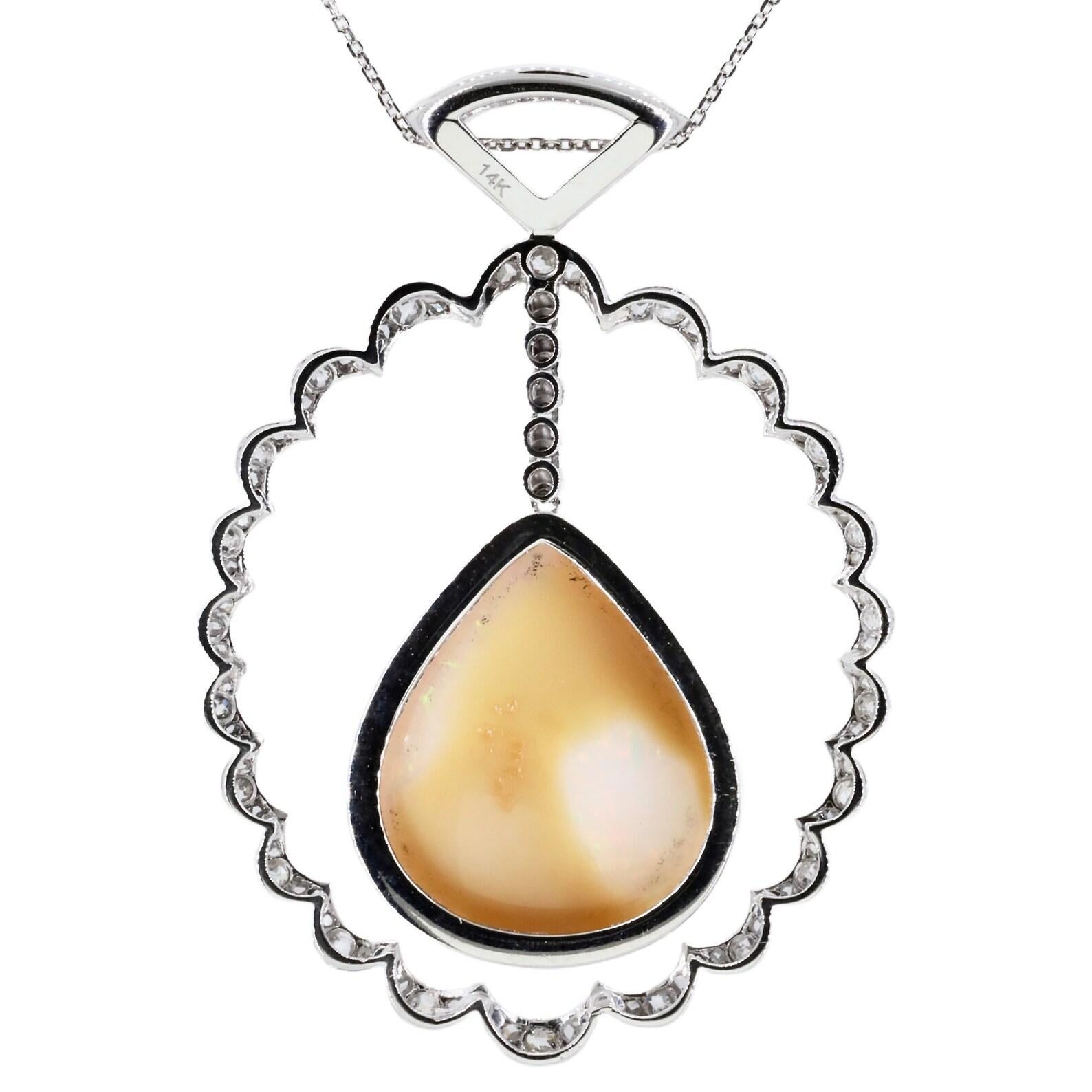 Women's Edwardian Opal & Old Mine Cut Diamond Pendant Necklace in Platinum For Sale