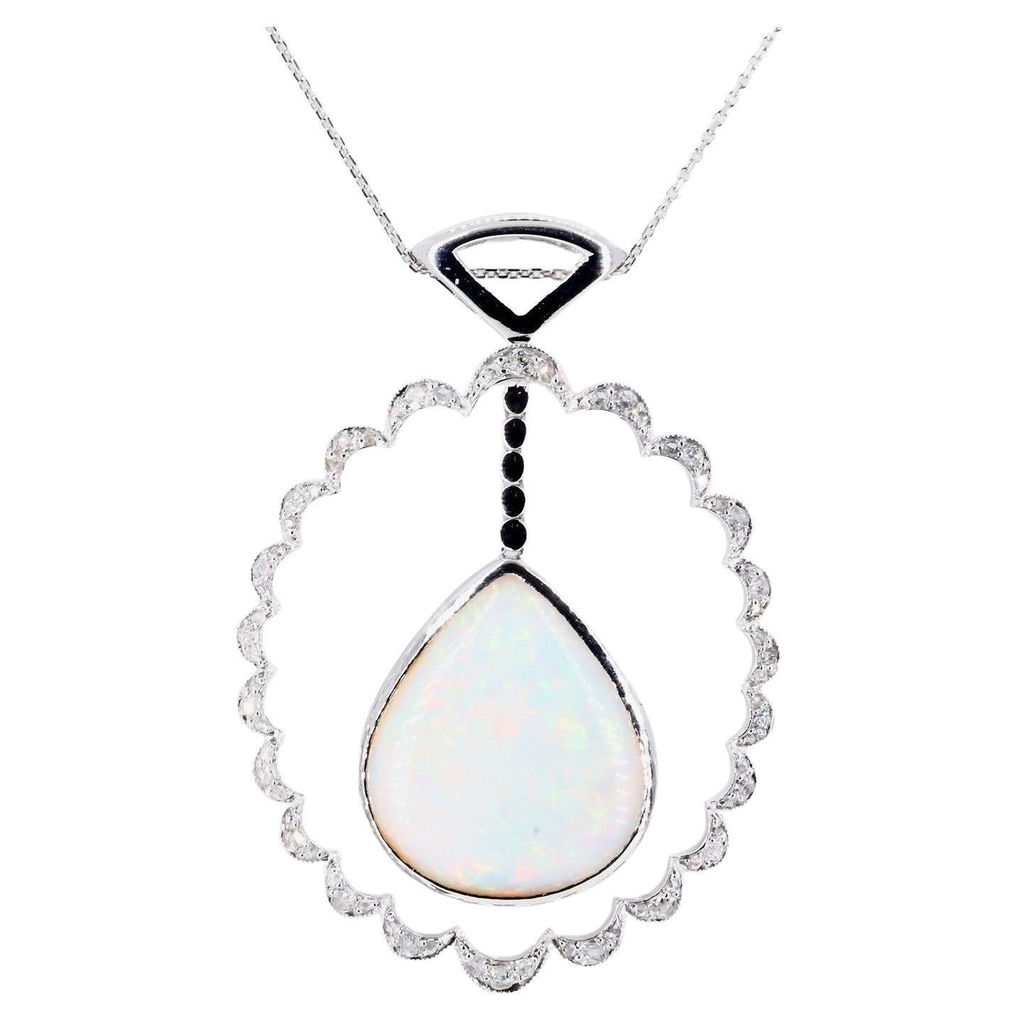 Edwardian Opal & Old Mine Cut Diamond Pendant Necklace in Platinum For Sale