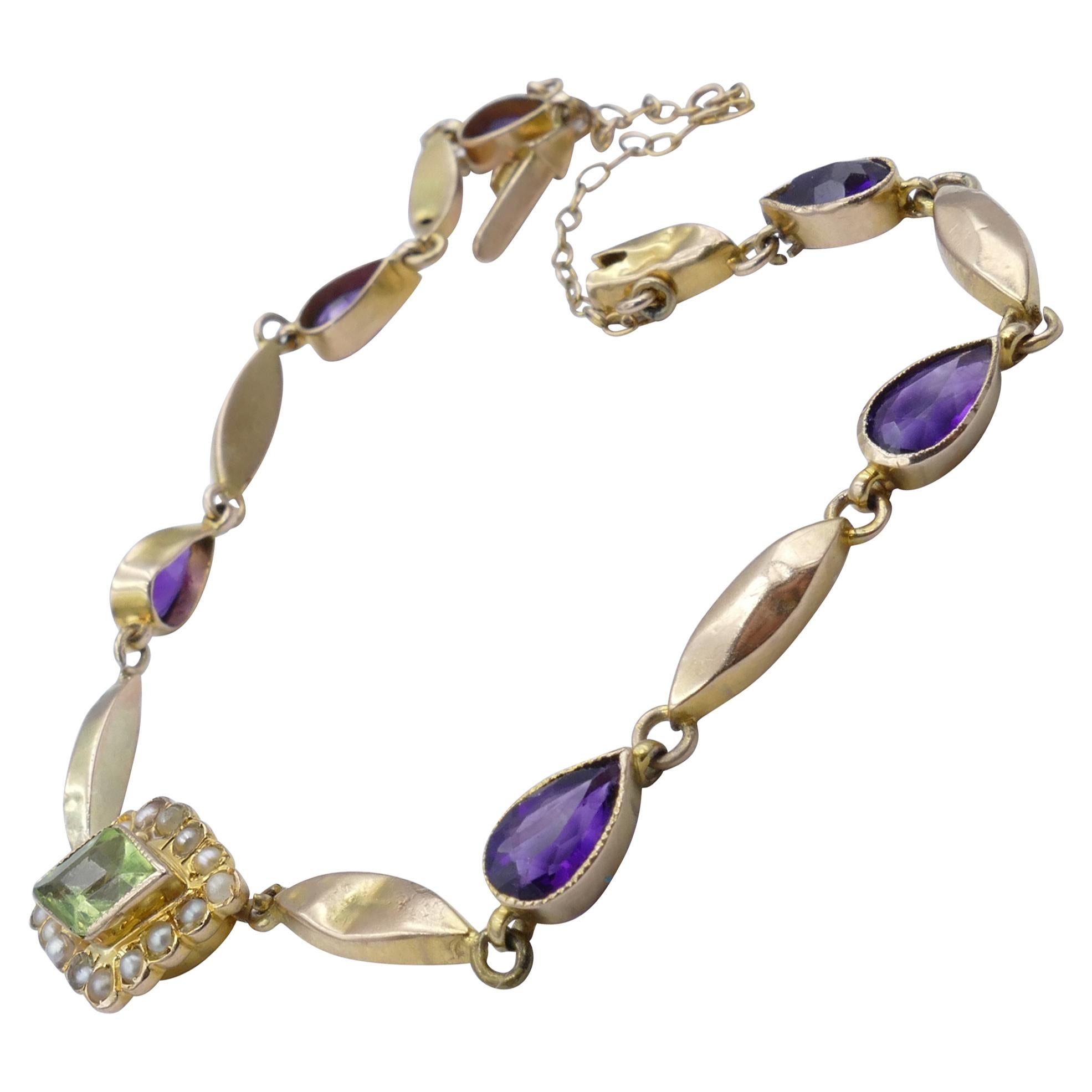 Edwardian or Vintage Yellow Gold Amethyst, Peridot, Pearl "Suffragette" Bracelet For Sale