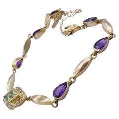 Edwardian or Antique Yellow Gold Amethyst, Peridot, Pearl "Suffragette" Bracelet