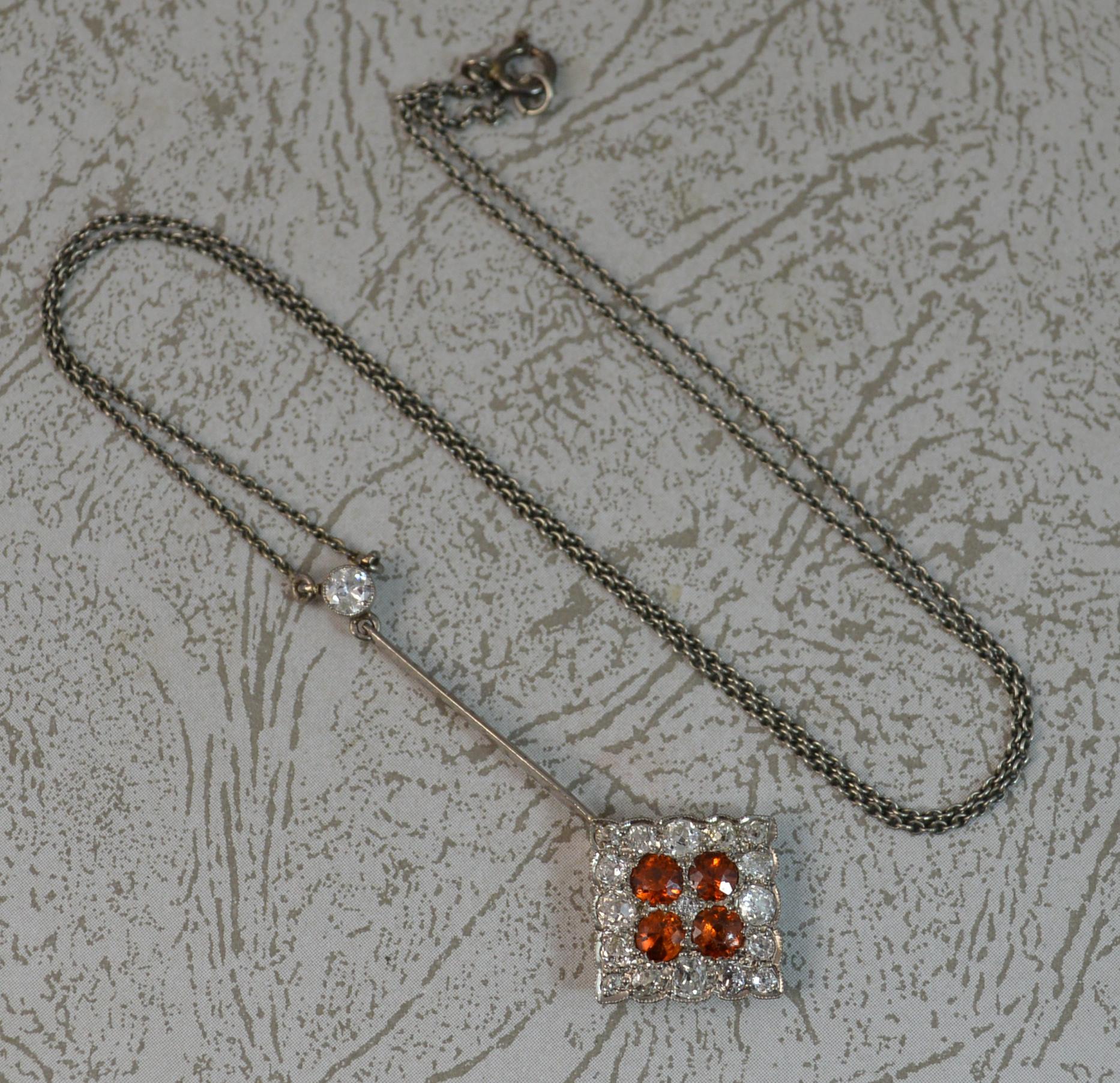 Old European Cut Edwardian Orange Sapphire Old Cut Diamond Platinum 18ct Gold Pendant Necklace