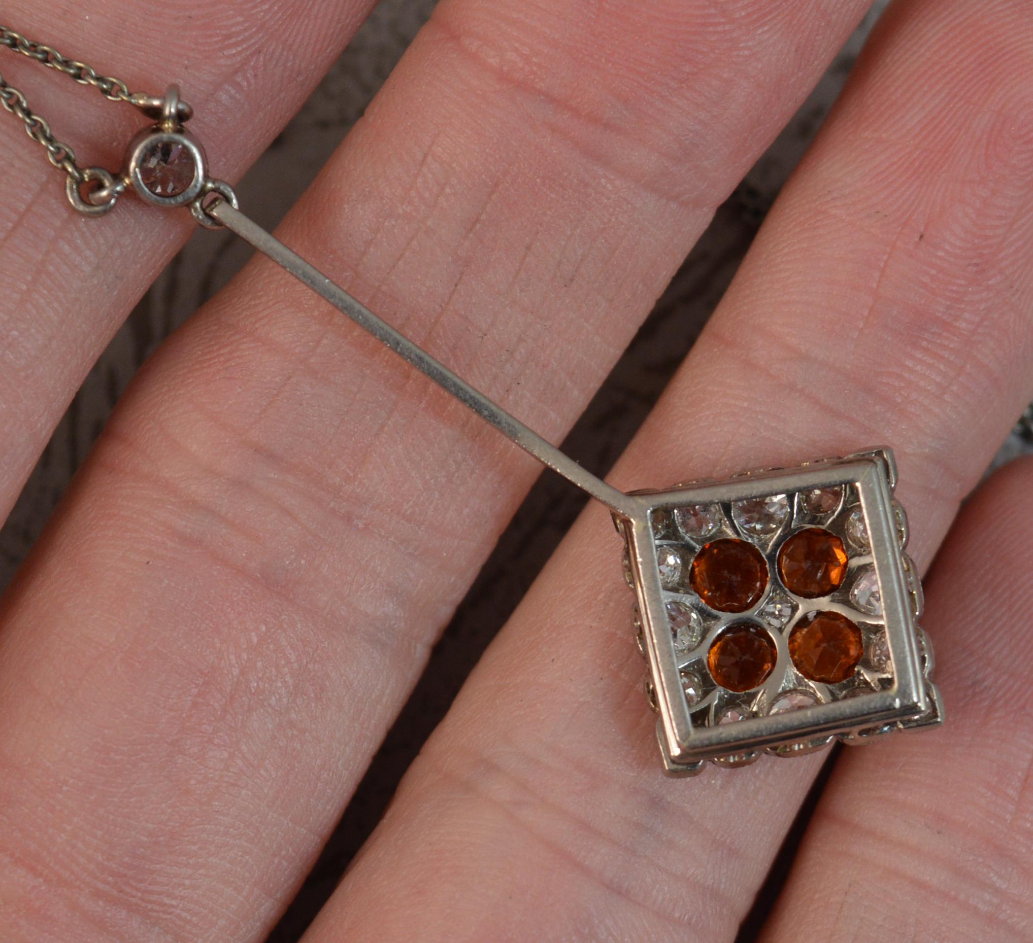 Edwardian Orange Sapphire Old Cut Diamond Platinum 18ct Gold Pendant Necklace In Good Condition In St Helens, GB