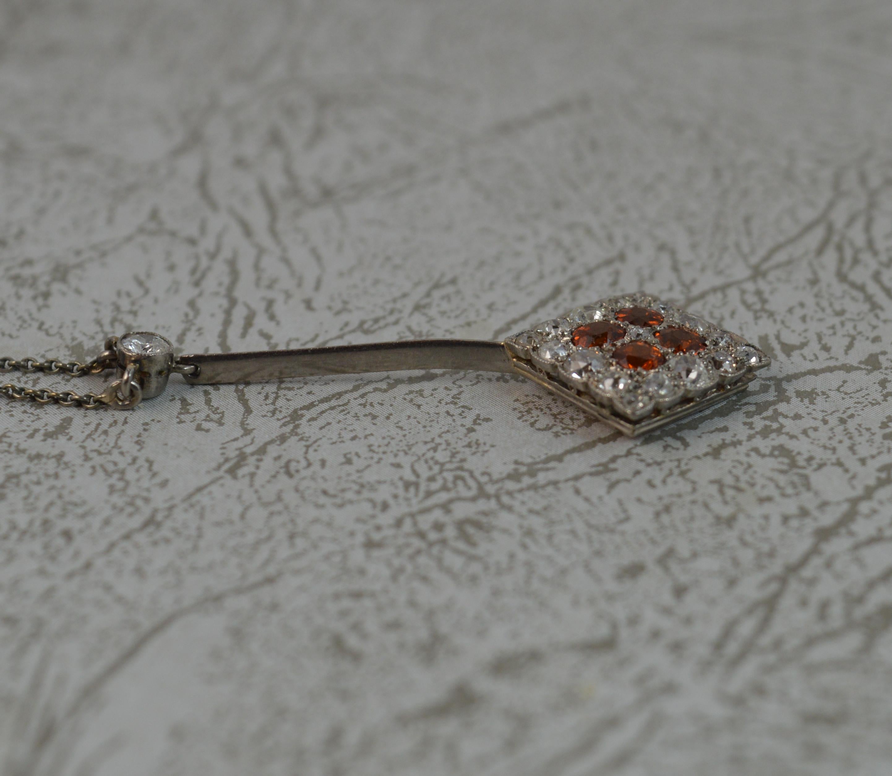 Edwardian Orange Sapphire Old Cut Diamond Platinum 18ct Gold Pendant Necklace 2