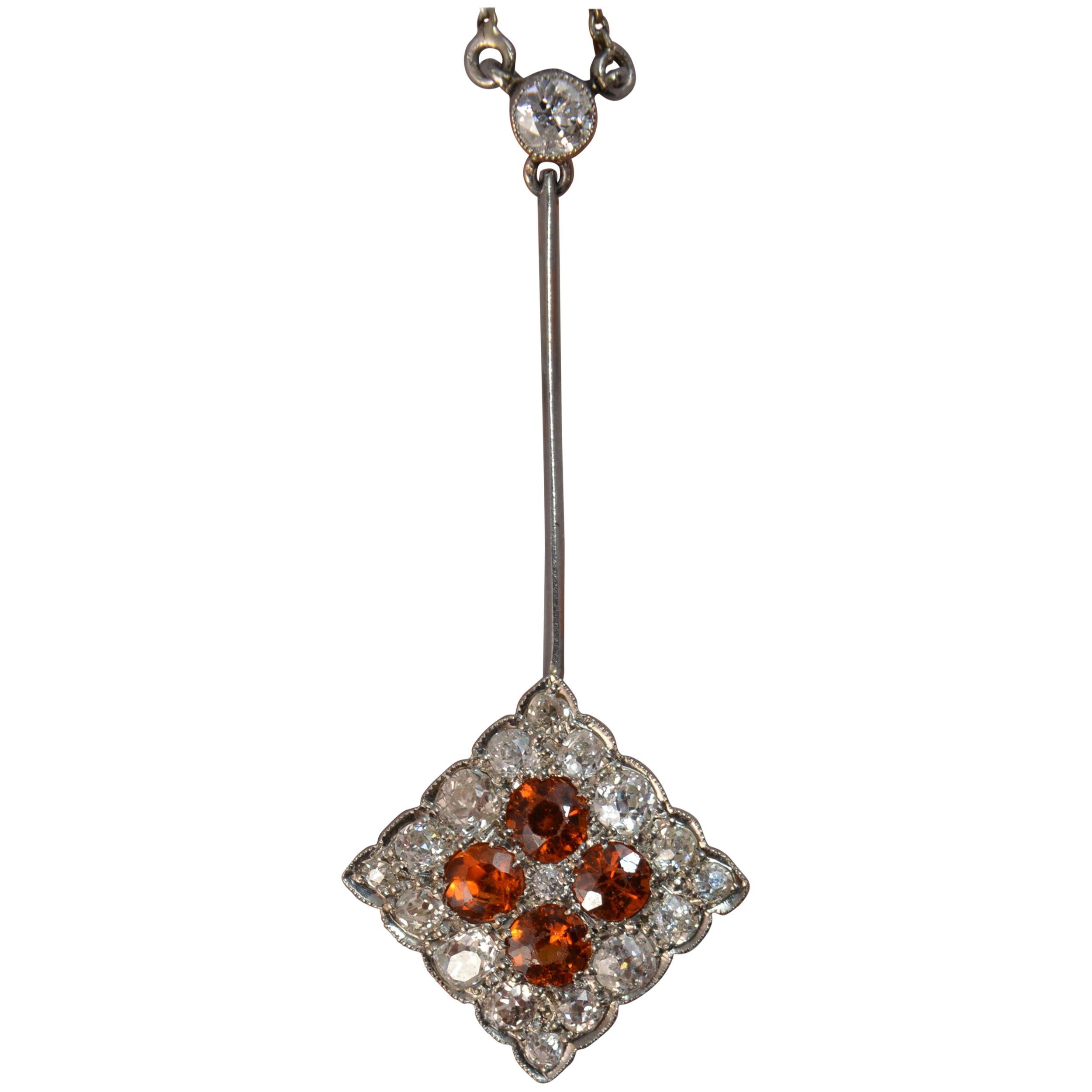 Edwardian Orange Sapphire Old Cut Diamond Platinum 18ct Gold Pendant Necklace