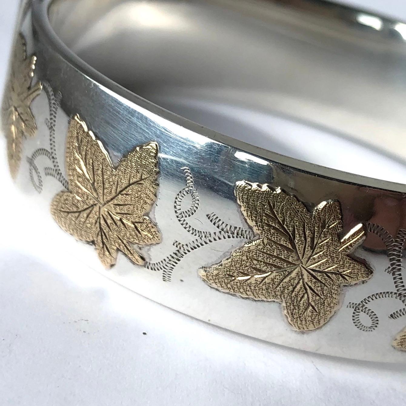 Women's or Men's Edwardian Ornate Gold Detailed Silver Bangle