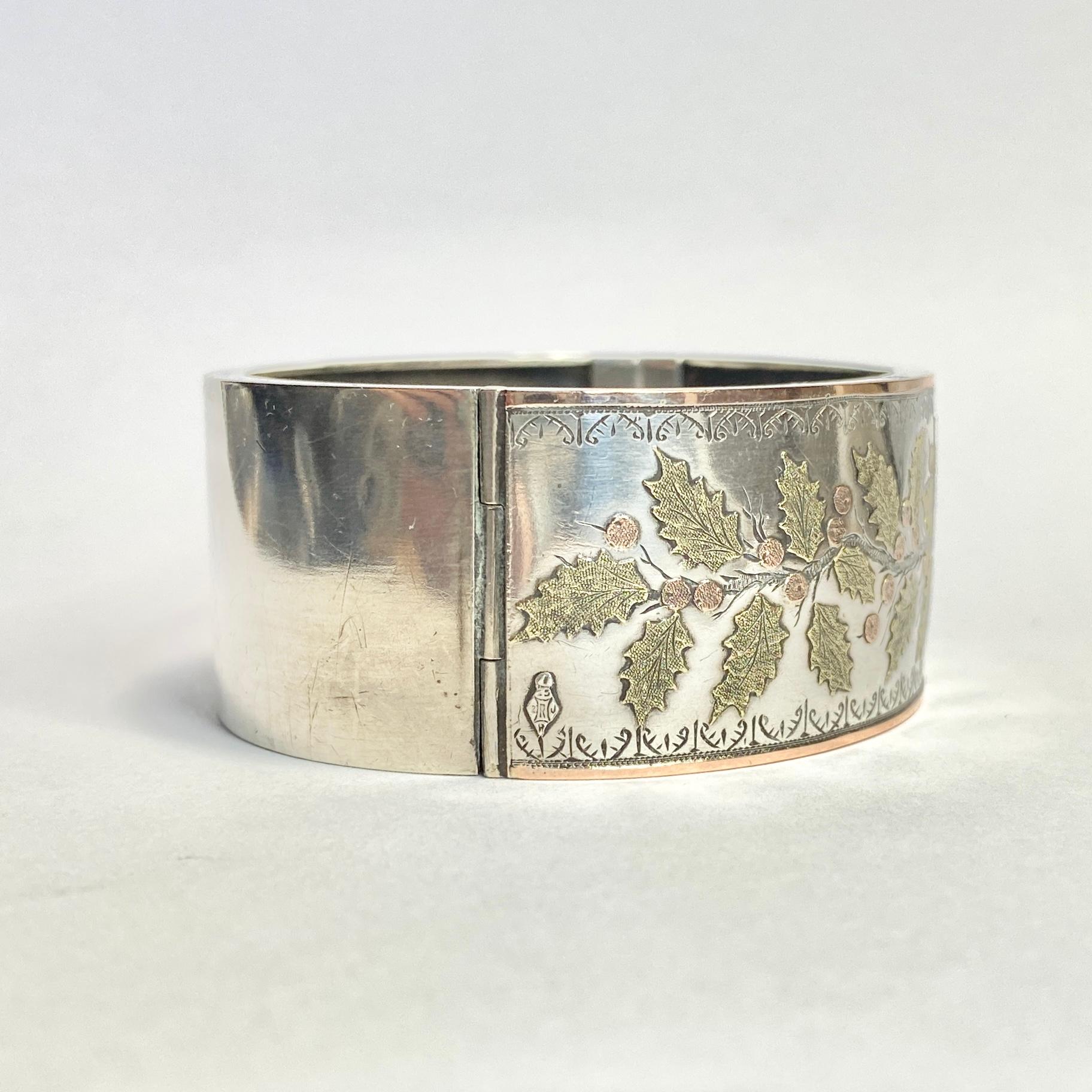 Women's or Men's Edwardian Ornate Gold Detailed Silver Bangle For Sale