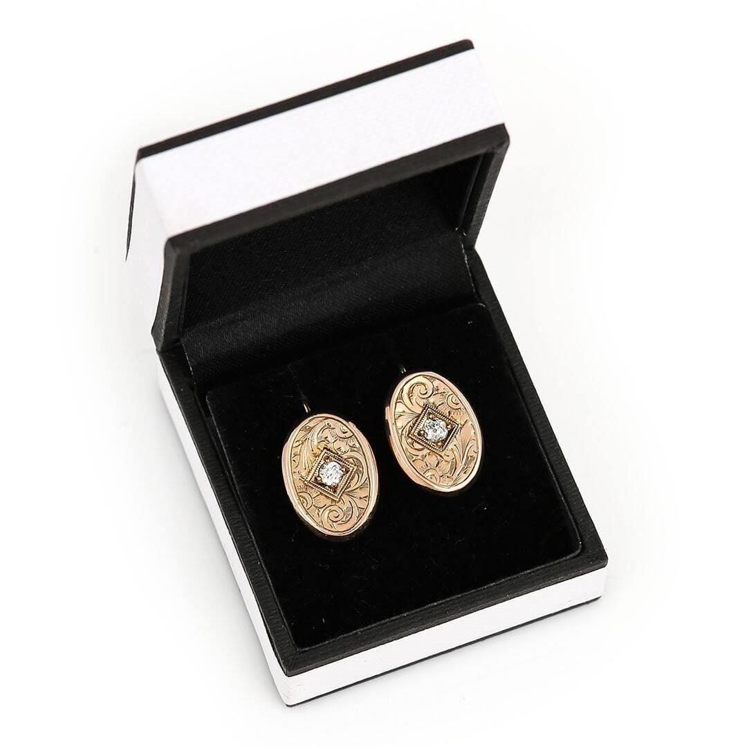 Edwardian Oval 9ct Diamond Set Engraved Earrings, Circa 1912 3