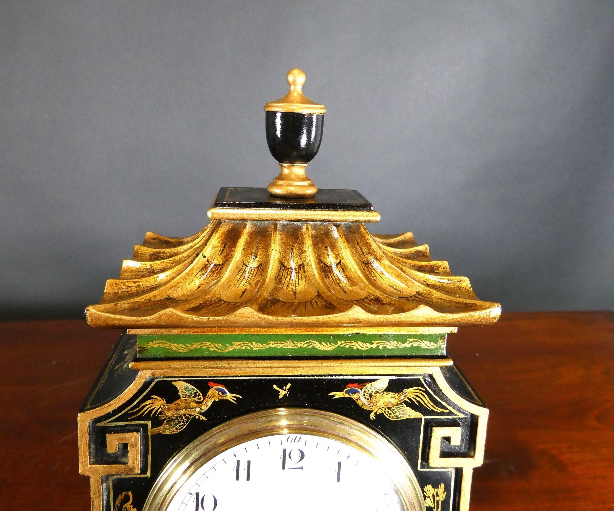 Edwardian Pagoda Top Chinoiserie Decorated Mantel Clock For Sale 4