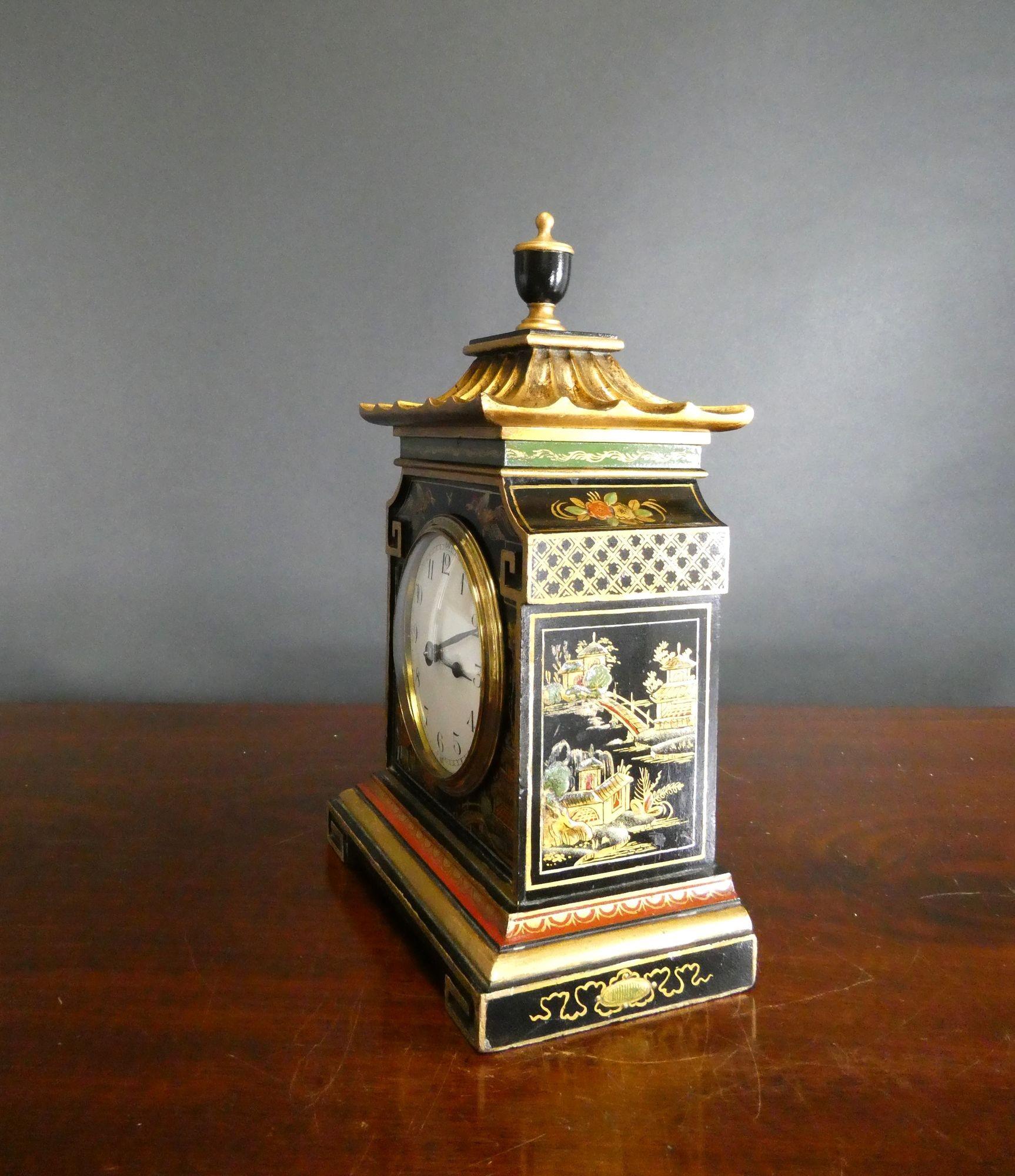 French Edwardian Pagoda Top Chinoiserie Decorated Mantel Clock For Sale