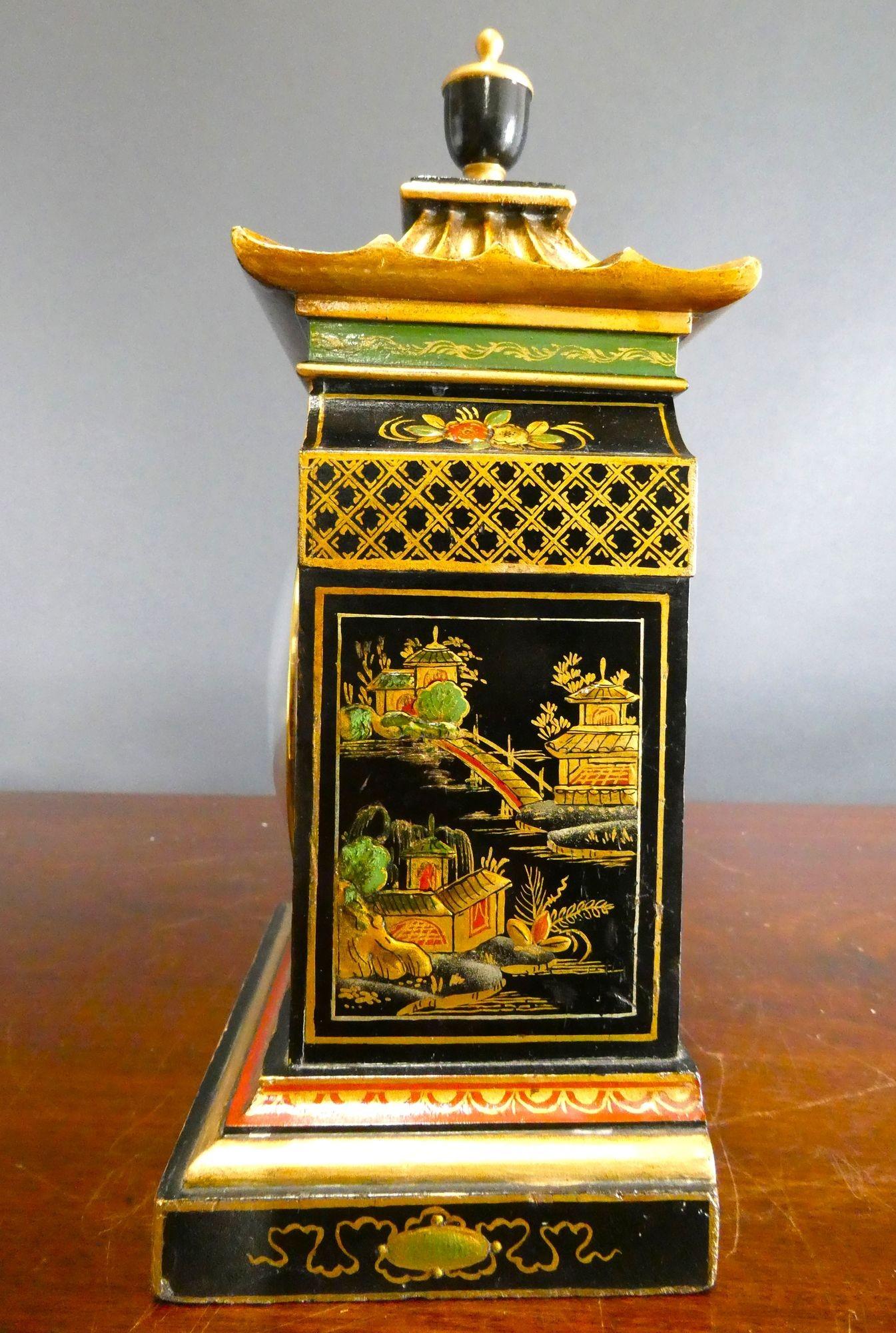 Fruitwood Edwardian Pagoda Top Chinoiserie Decorated Mantel Clock For Sale