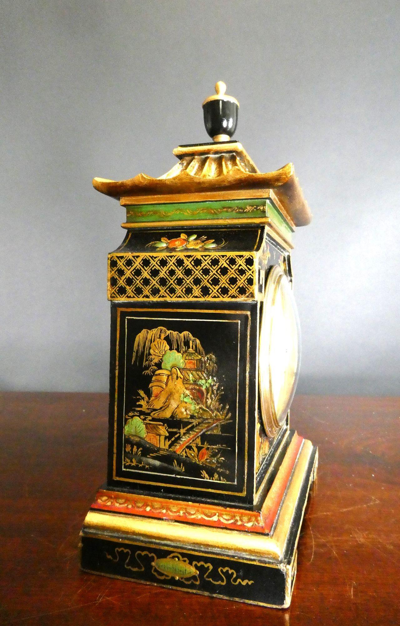 Edwardian Pagoda Top Chinoiserie Decorated Mantel Clock For Sale 1