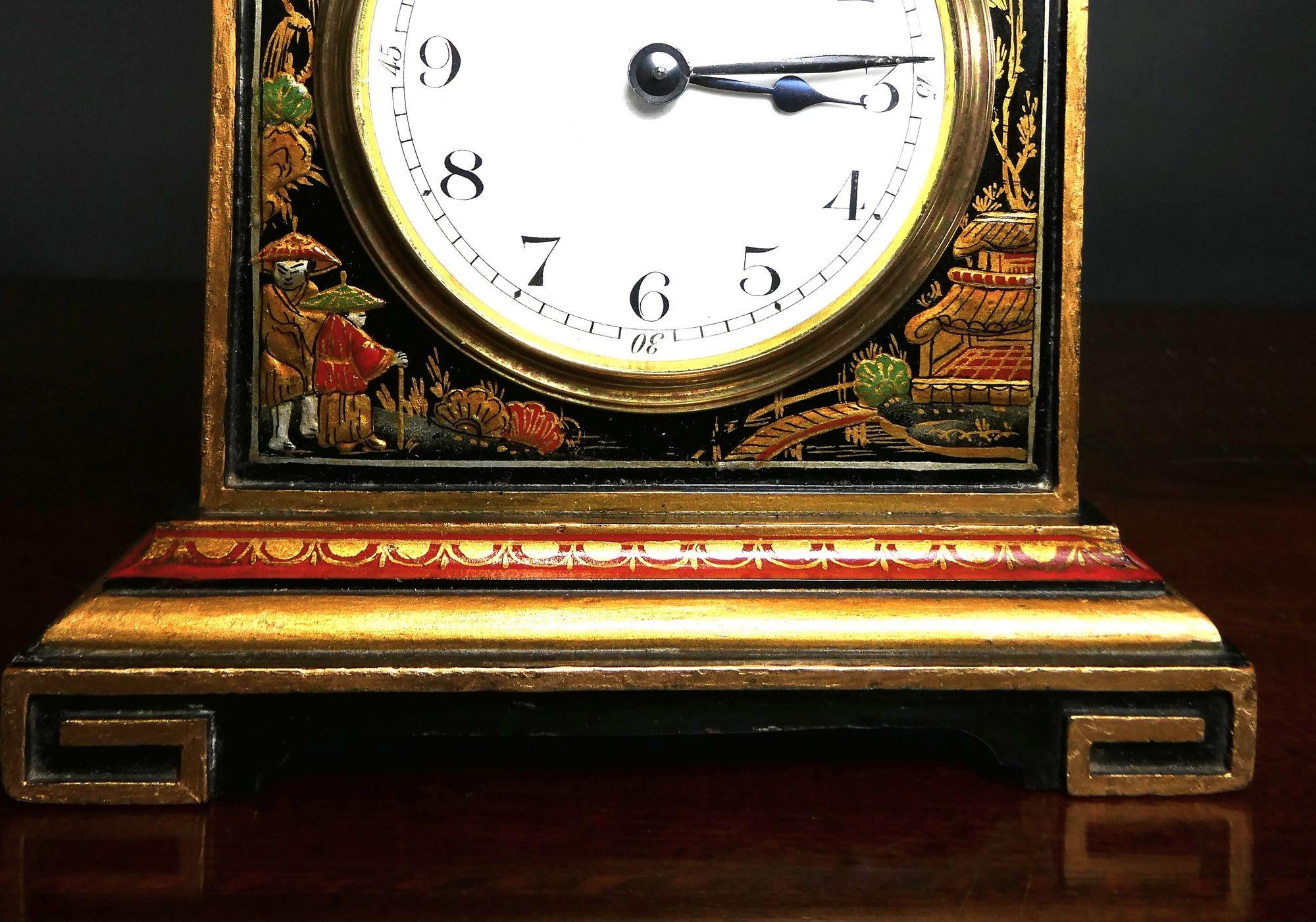 Edwardian Pagoda Top Chinoiserie Decorated Mantel Clock For Sale 2