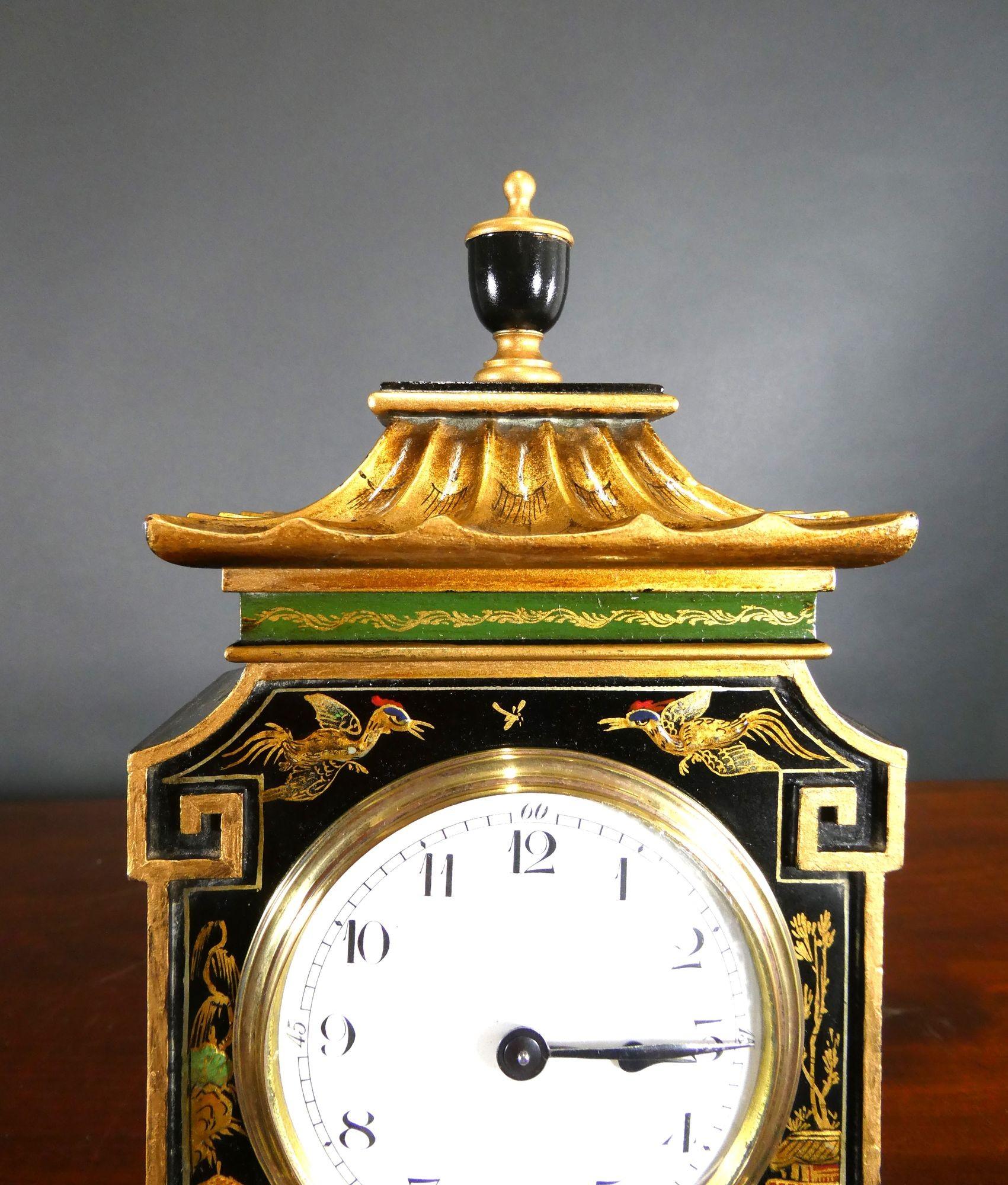 Edwardian Pagoda Top Chinoiserie Decorated Mantel Clock For Sale 3