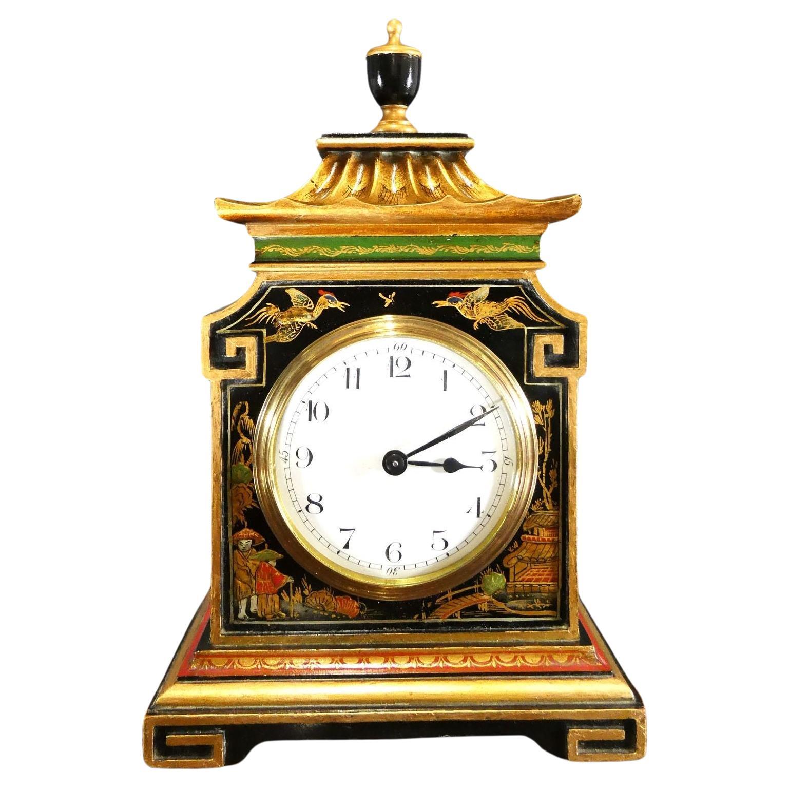 Edwardian Pagoda Top Chinoiserie Decorated Mantel Clock For Sale