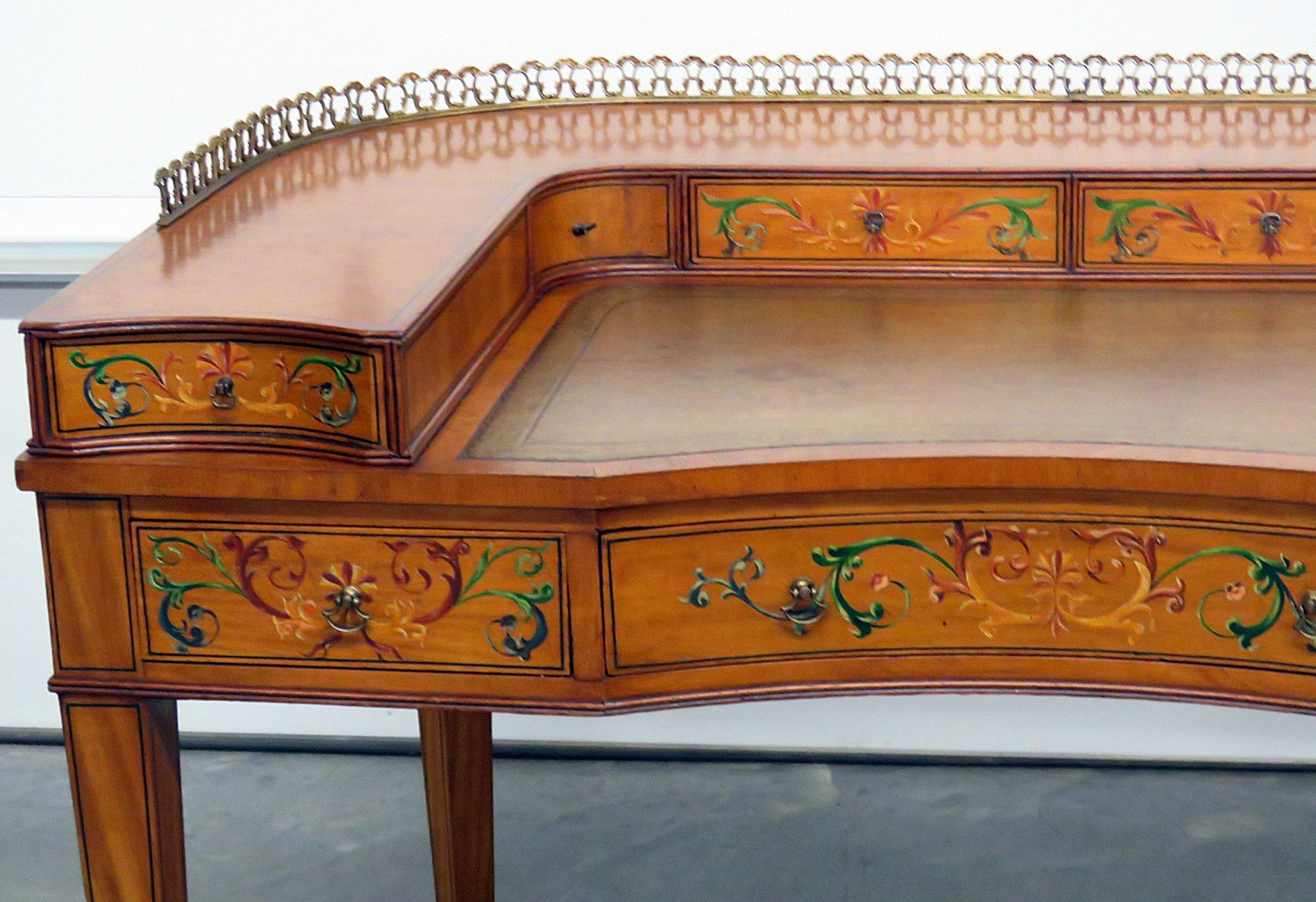 Painted English Edwardian Paint Decorated Adams Leather Top Writing Table Desk C1930