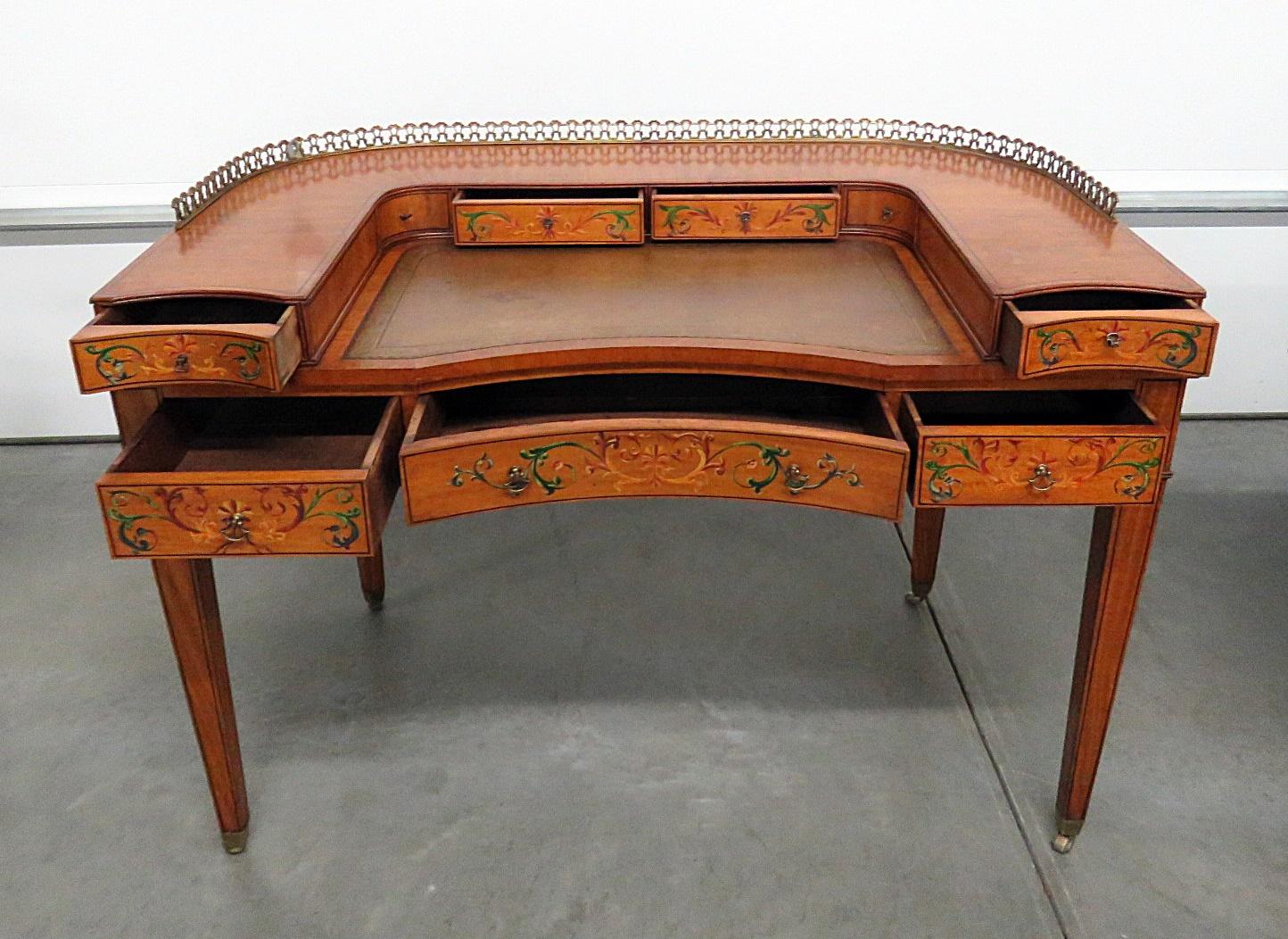 English Edwardian Paint Decorated Adams Leather Top Writing Table Desk C1930 In Good Condition In Swedesboro, NJ