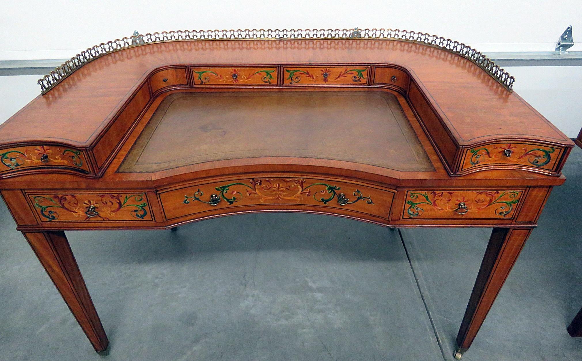 20th Century English Edwardian Paint Decorated Adams Leather Top Writing Table Desk C1930