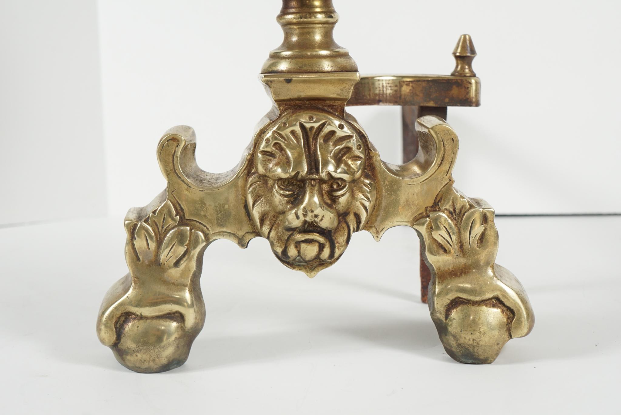 Edwardian Pair of Georgian Style Brass Andirons 1