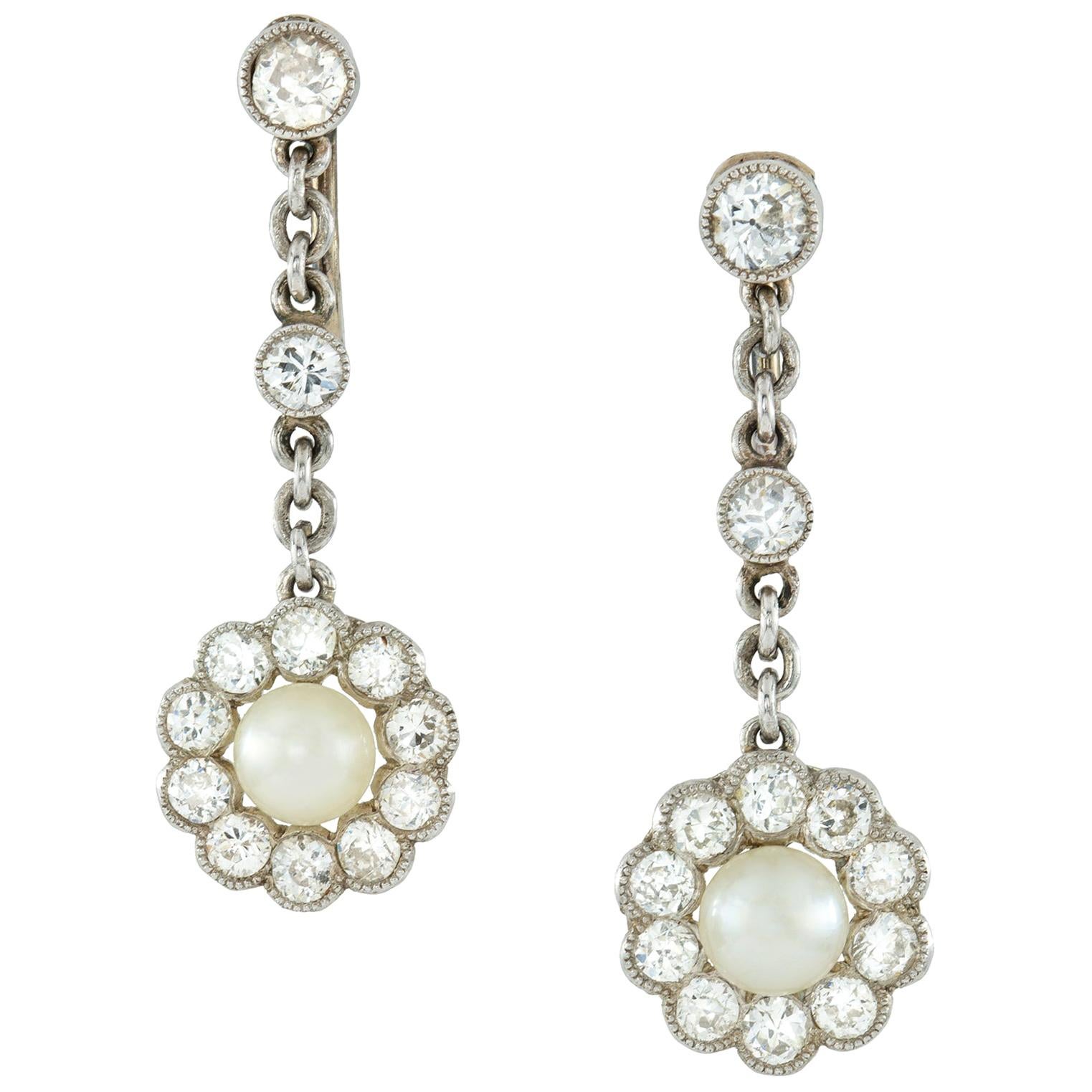 Edwardian Pair of Pearl and Diamond Earrings