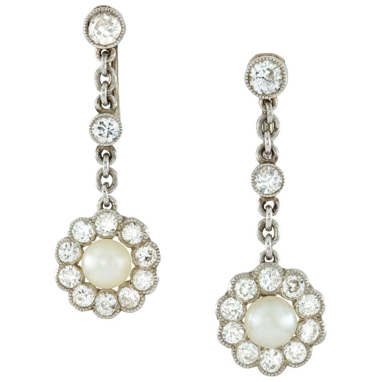 Edwardian Pair of Pearl and Diamond Earrings For Sale