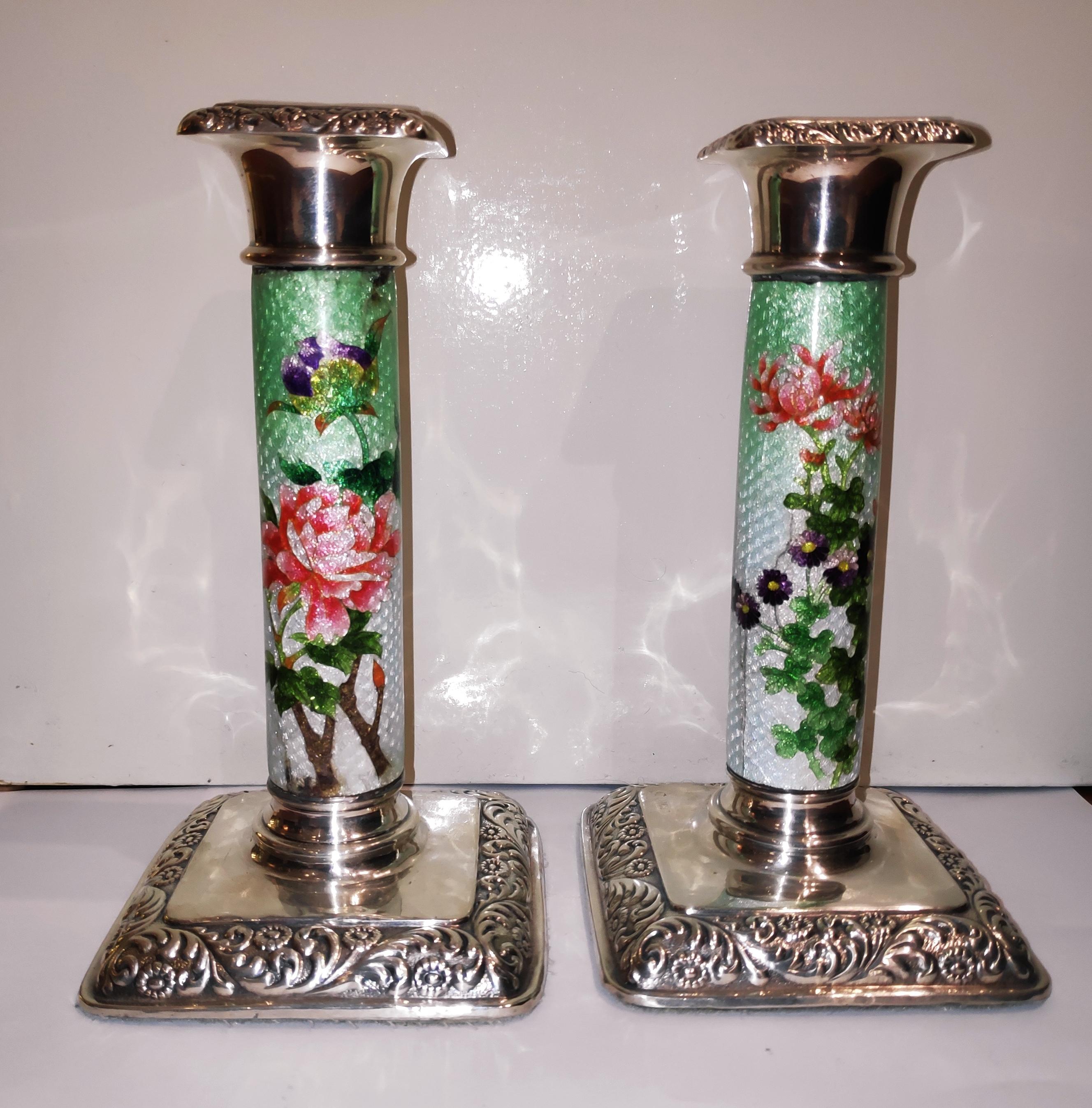 Early 20th Century Edwardian Pair of Silver Enamel Candlestick