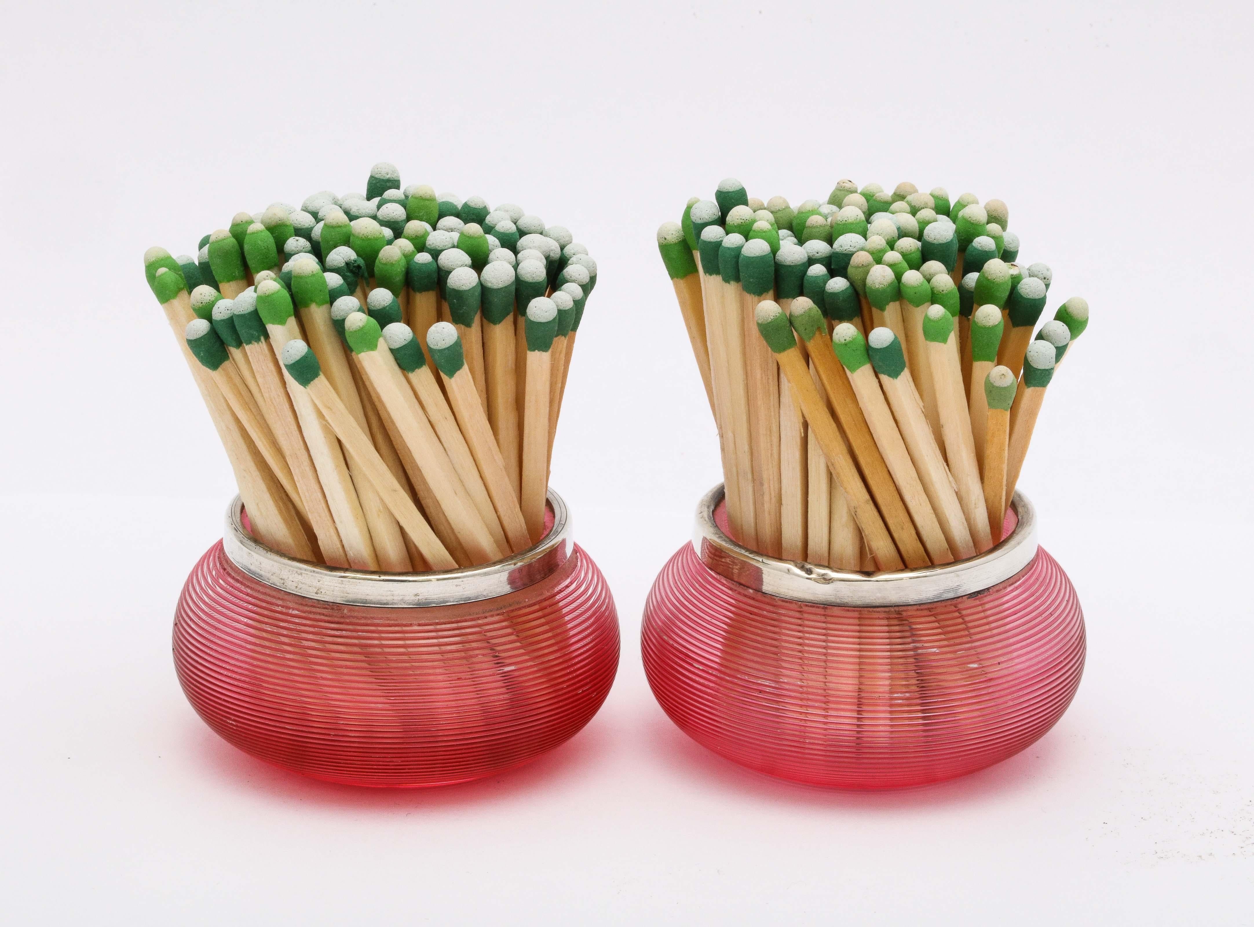 English Edwardian Pair of Sterling-Mounted Cranberry/Red Threaded Crystal Match Strikers