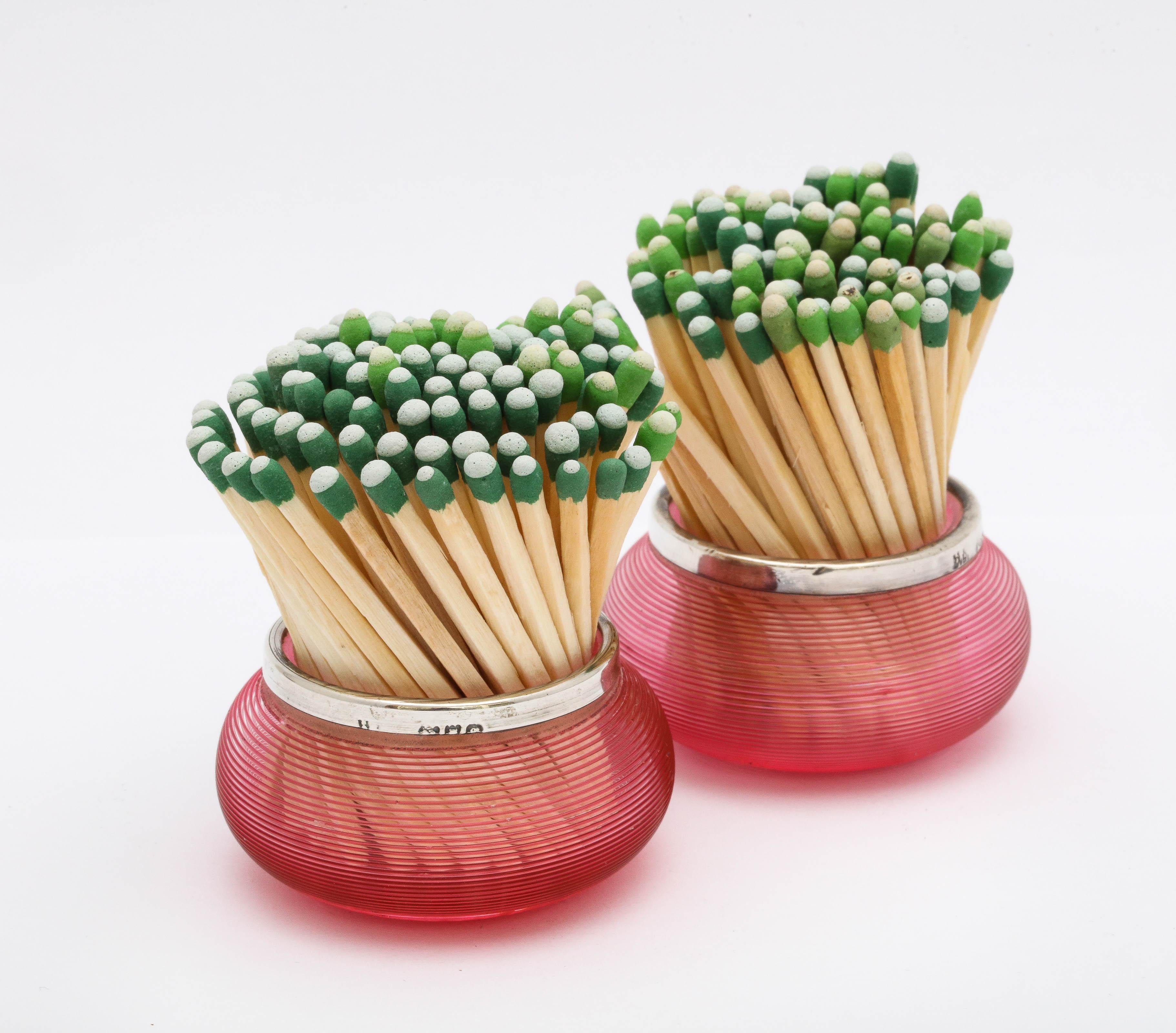 Early 20th Century Edwardian Pair of Sterling-Mounted Cranberry/Red Threaded Crystal Match Strikers