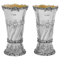 Antique Edwardian pair of sterling silver vases by Lamberts & Co. Made in 1903