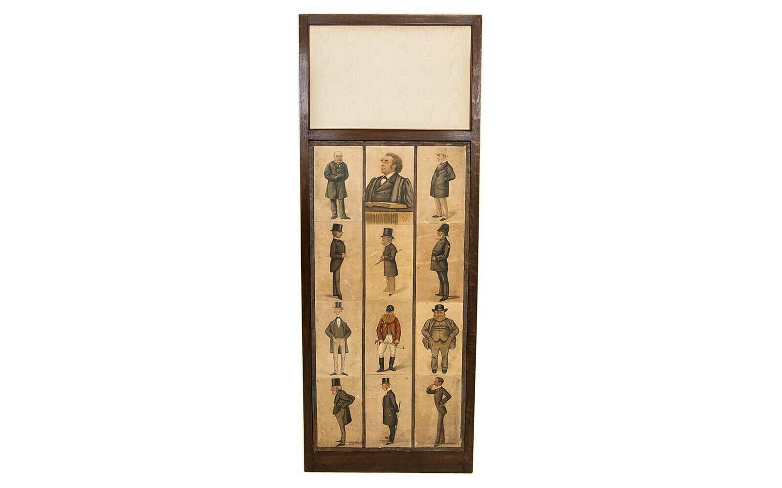Edwardian Panelled Room Divider Screen Featuring Leslie Matthew Ward “Spy” Print In Good Condition In STOKE ON TRENT, GB