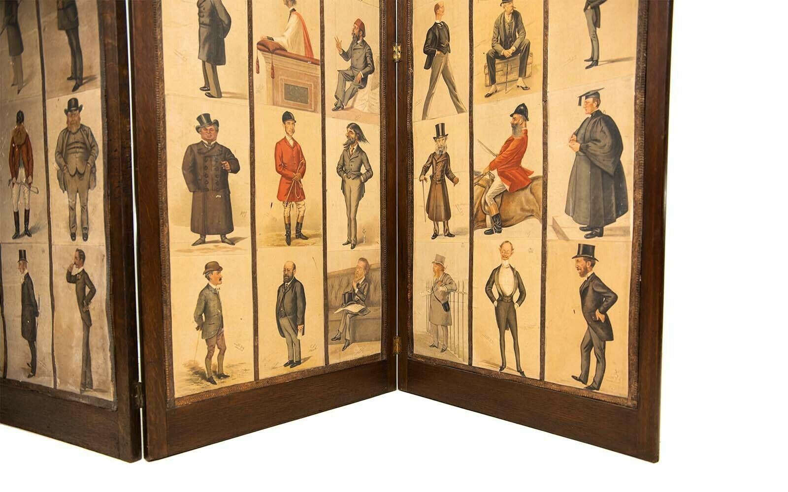 Edwardian Panelled Room Divider Screen Featuring Leslie Matthew Ward “Spy” Print 1