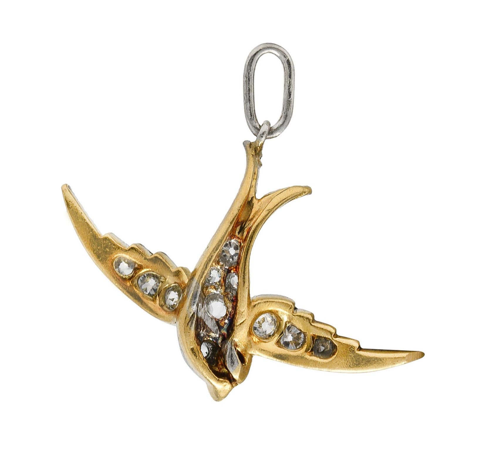 Old European Cut Edwardian Pavè Diamond Platinum-Topped 18 Karat Yellow Gold Bird Swallow Charm