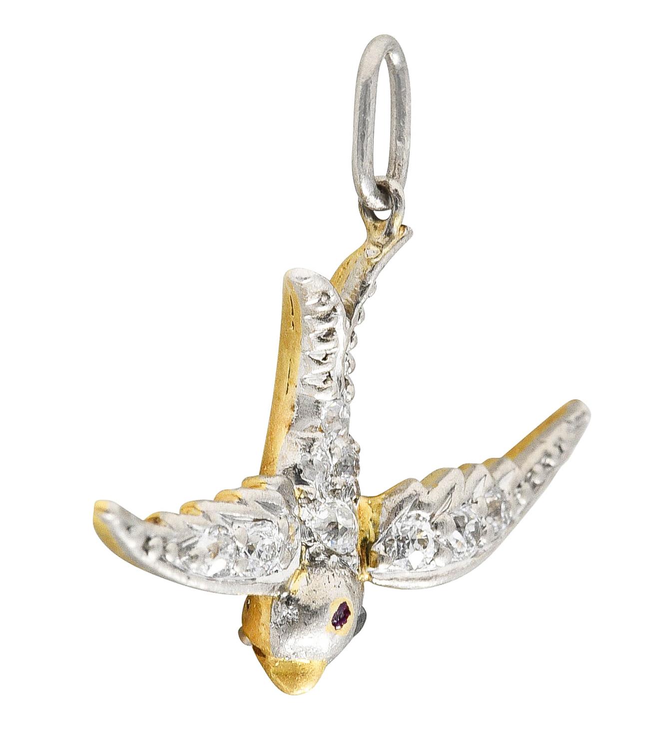 Edwardian Pavè Diamond Platinum-Topped 18 Karat Yellow Gold Bird Swallow Charm In Excellent Condition In Philadelphia, PA