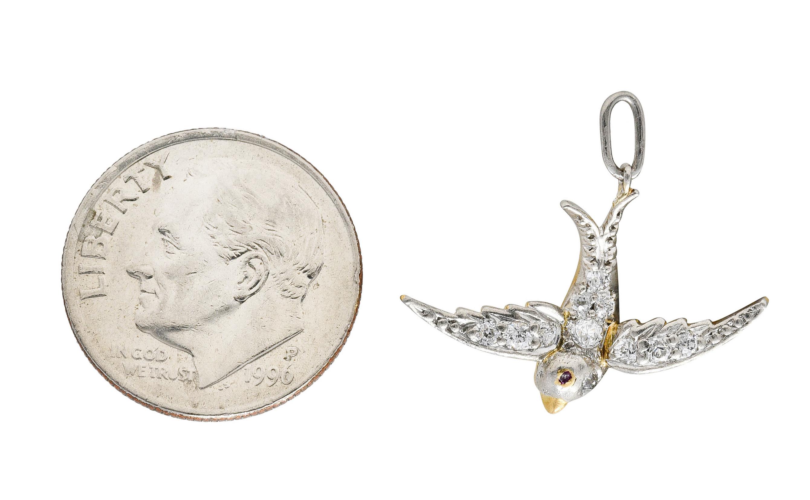 Women's or Men's Edwardian Pavè Diamond Platinum-Topped 18 Karat Yellow Gold Bird Swallow Charm