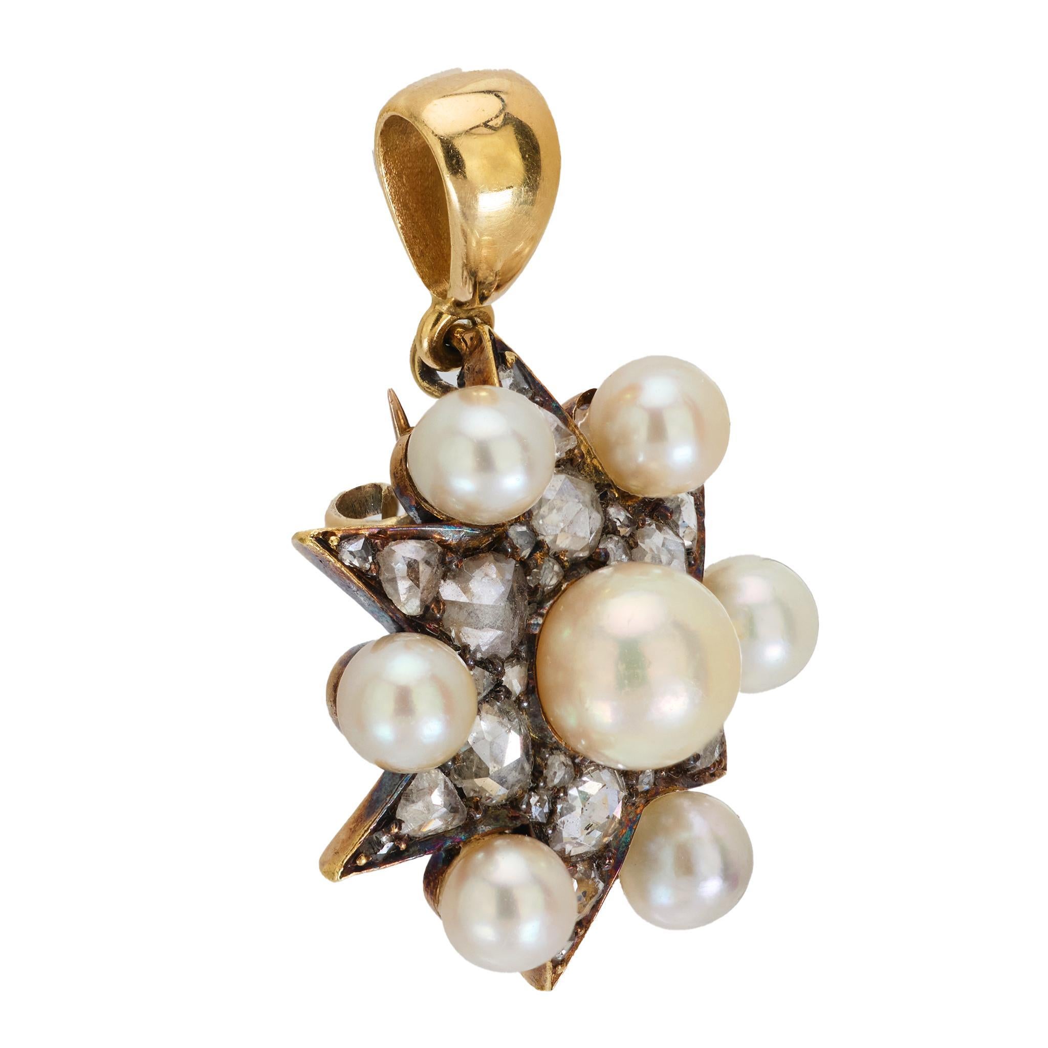 Rose Cut Edwardian pearl 1.10 carat diamond 14k yellow gold and silver star pendant For Sale