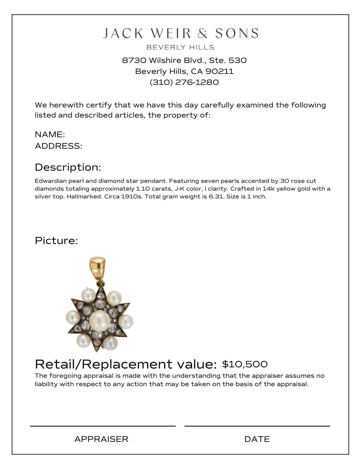 Edwardian pearl 1.10 carat diamond 14k yellow gold and silver star pendant In Excellent Condition For Sale In Beverly Hills, CA